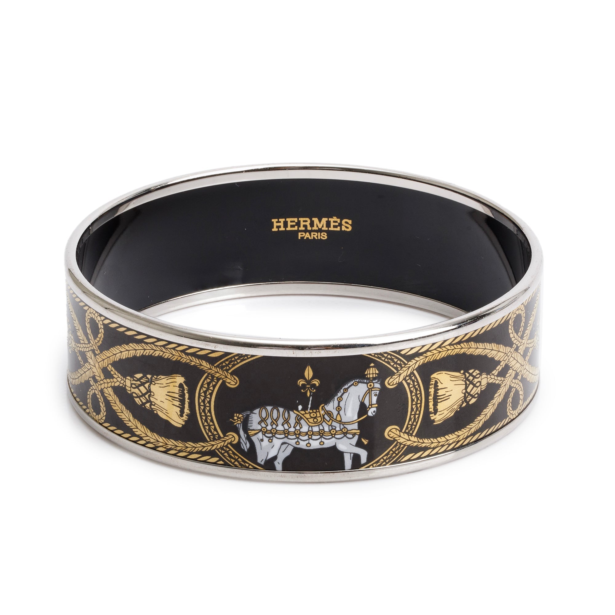 Hermes Palladium-Plated Black Grand Apparat Enamel Wide Bangle