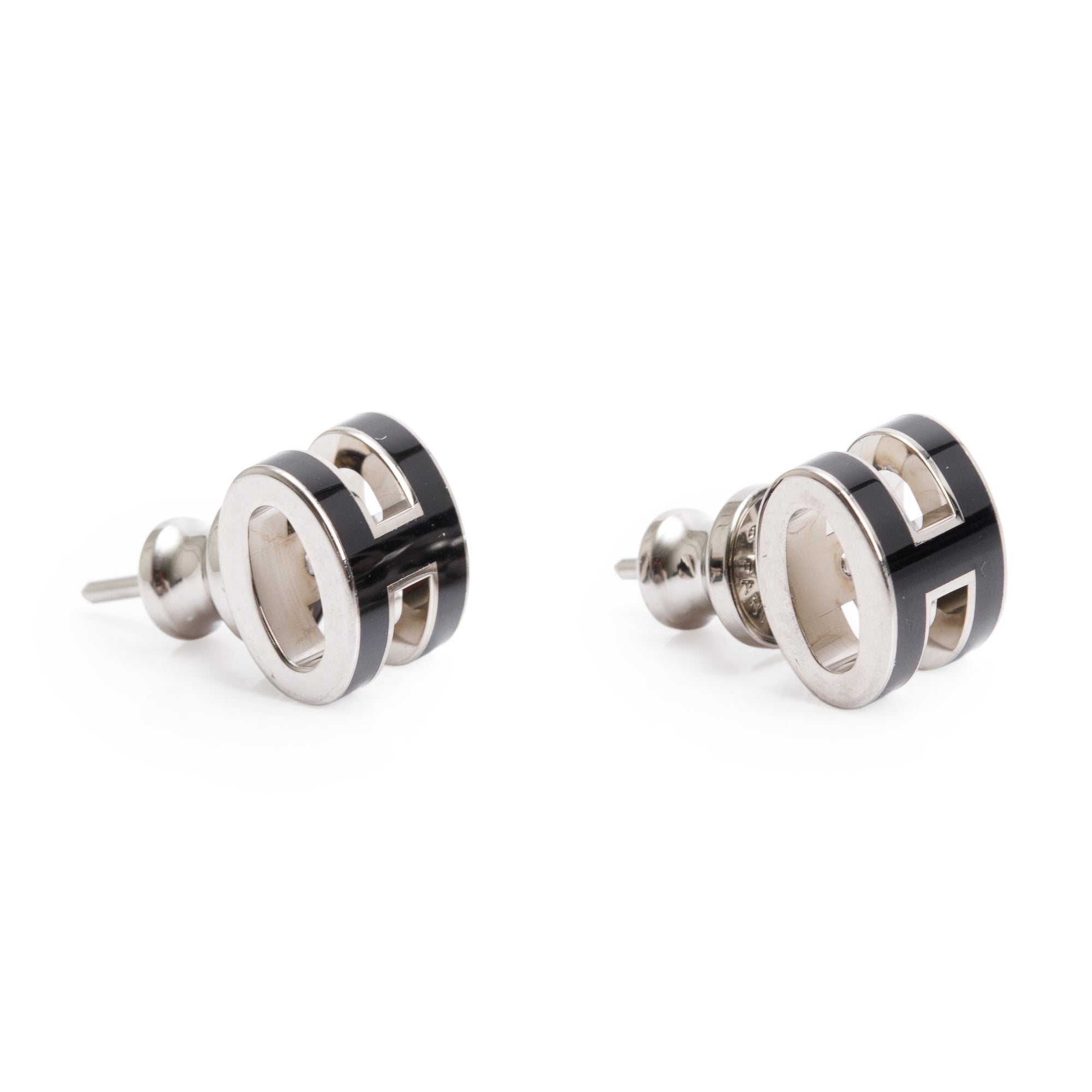 Hermes Palladium Plated Black Lacquered Mini Pop H Earrings