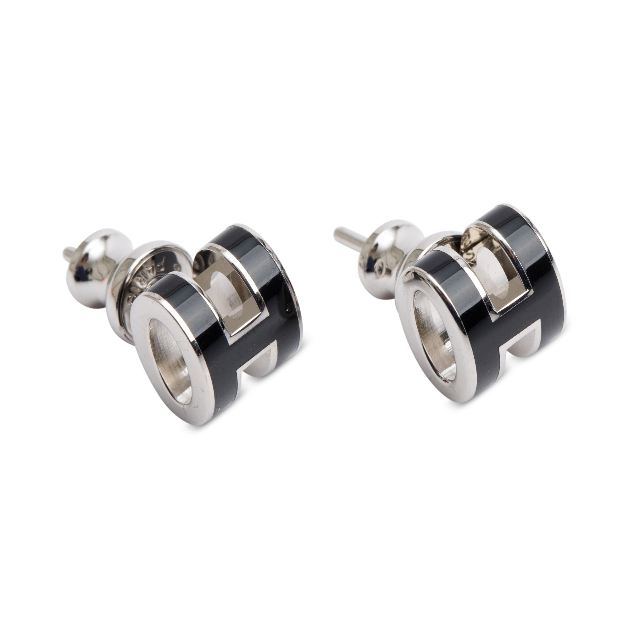 Hermes Palladium Plated Black Lacquered Mini Pop H Earrings w/ Box