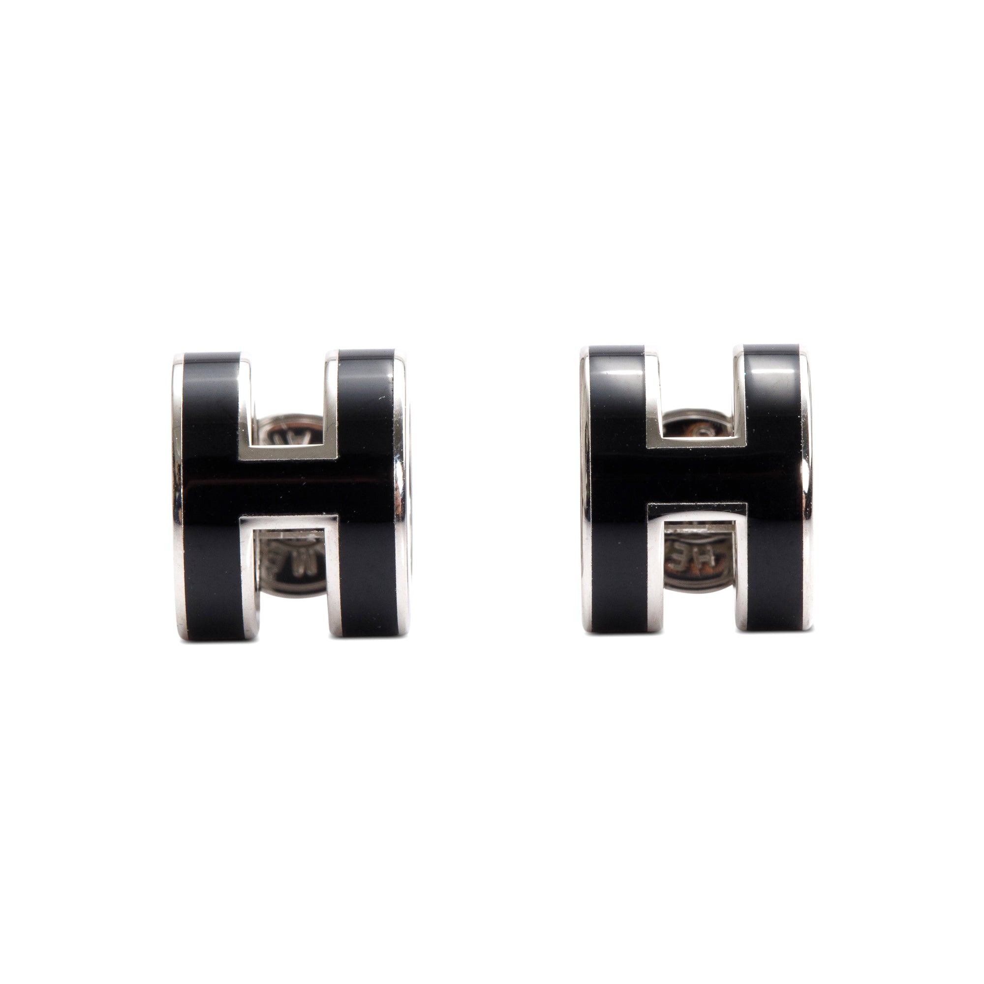 Hermes Palladium Plated Black Lacquered Mini Pop H Earrings w/ Box