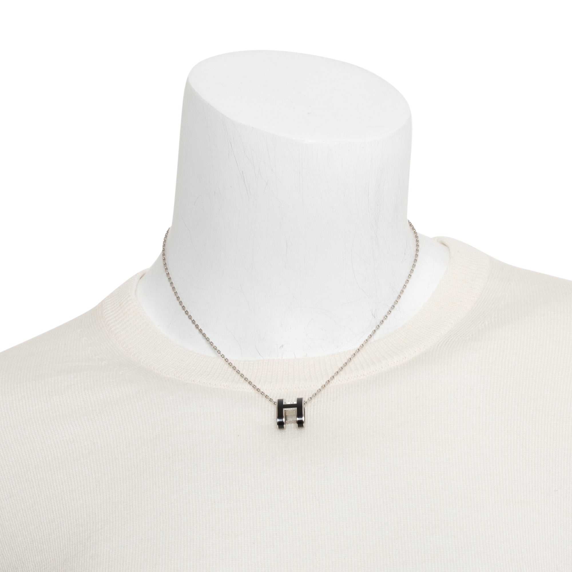 Hermes Palladium-Plated Black Lacquered Pop H Pendant Necklace w/ Box