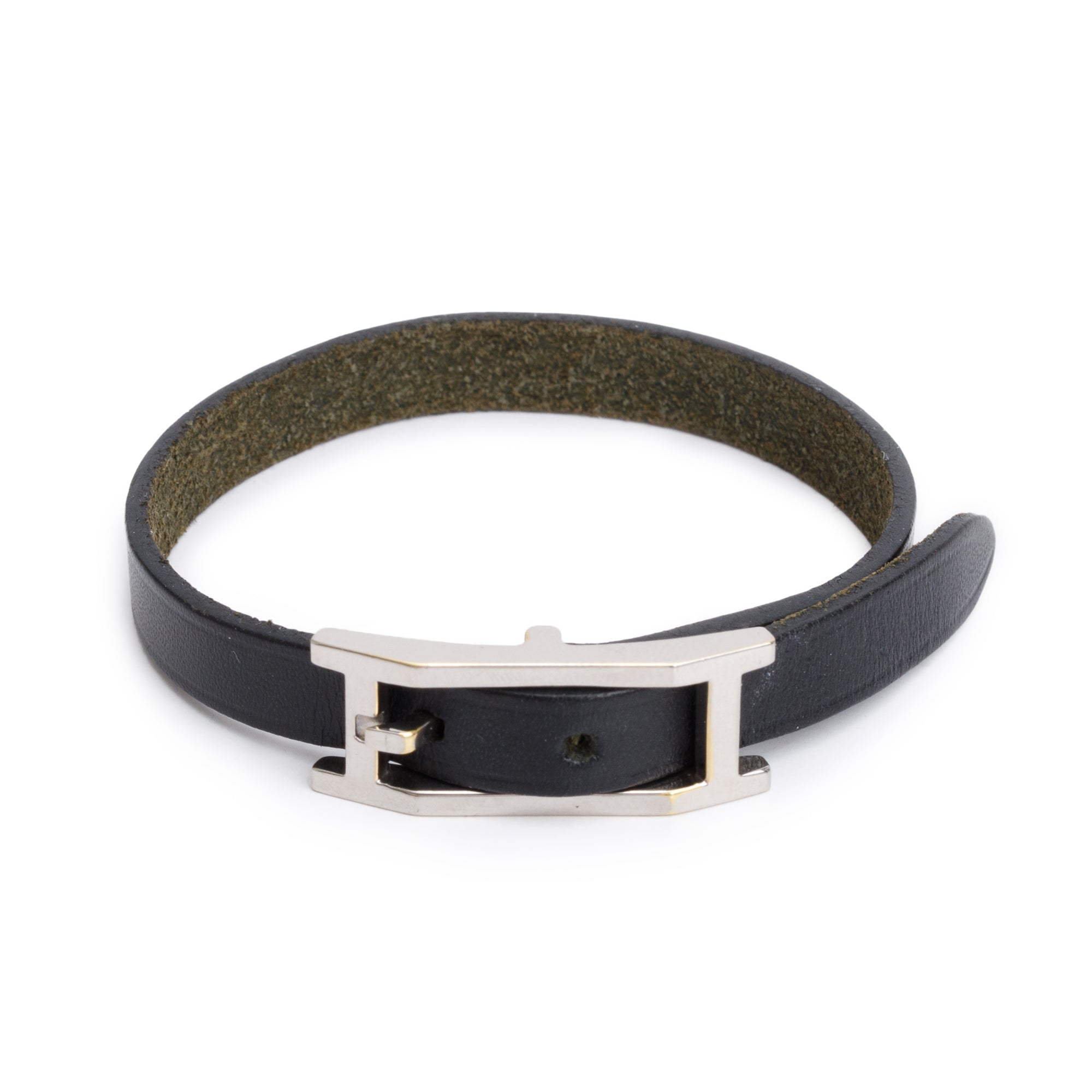 Hermes Palladium Plated Black Leather Behapi Bracelet