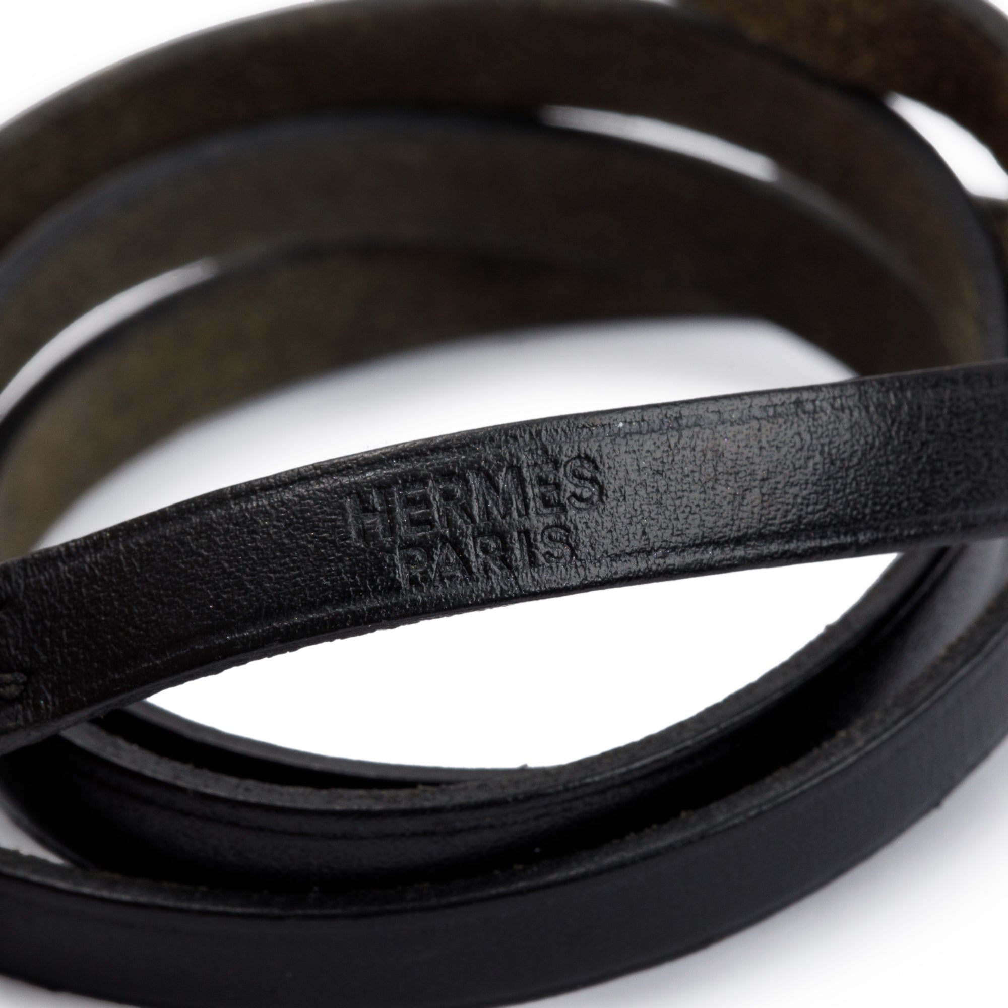 Hermes Palladium Plated Black Leather Behapi Triple Tour Wrap Bracelet