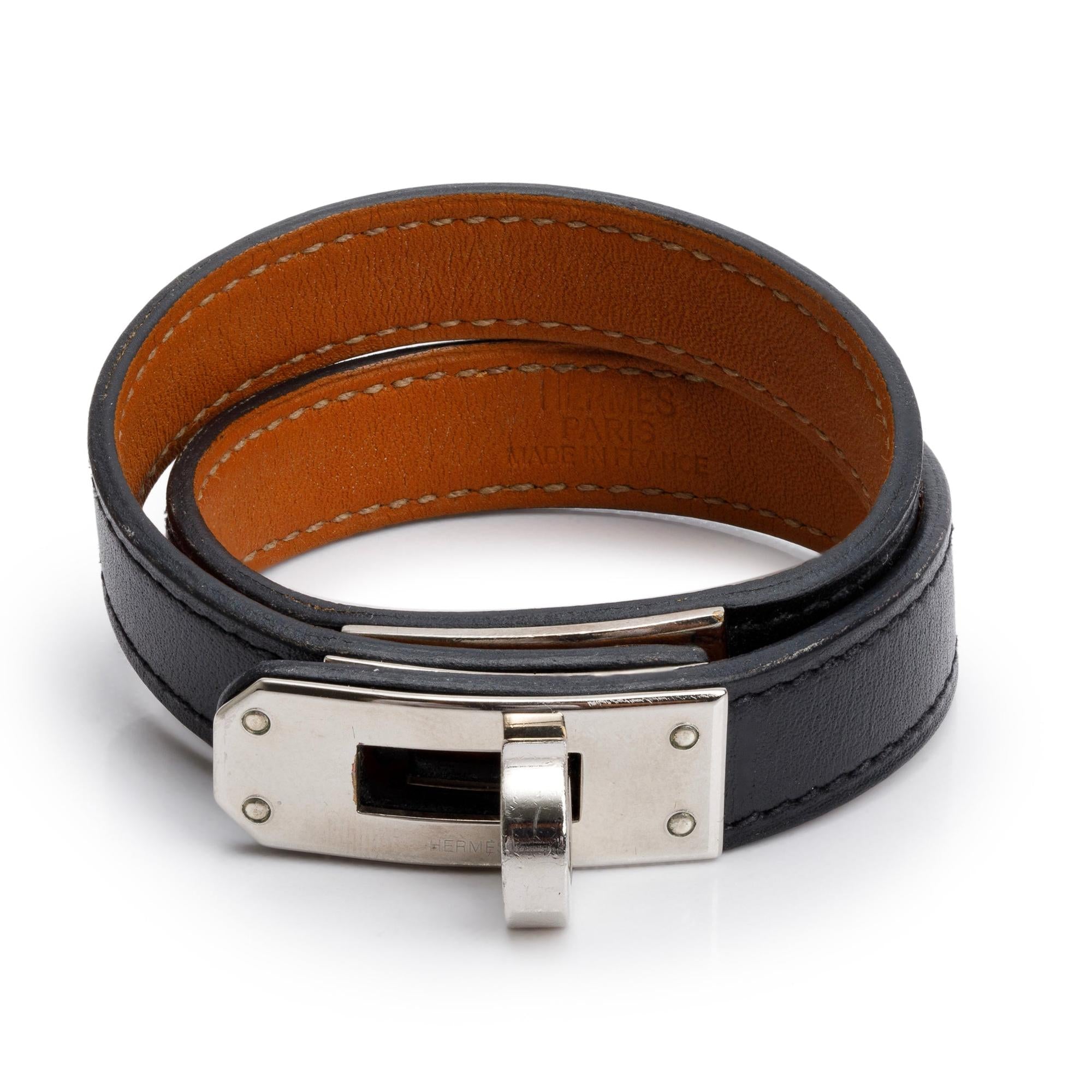 Hermes Palladium Plated Black Leather Kelly Double Tour Bracelet, Size S w/ Box