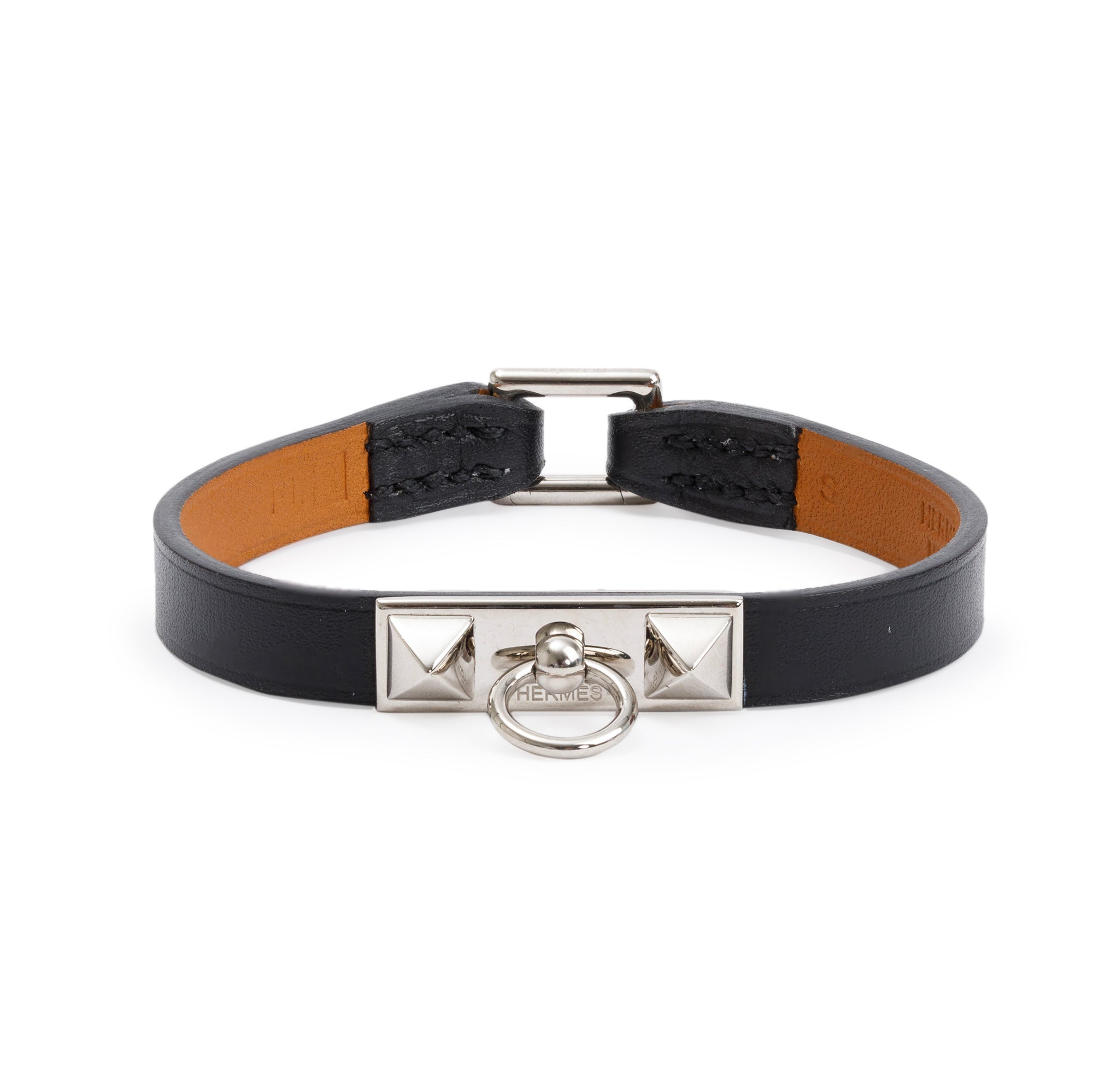 Hermes Palladium Plated Black Leather Rivale Mini Bracelet w/ Box