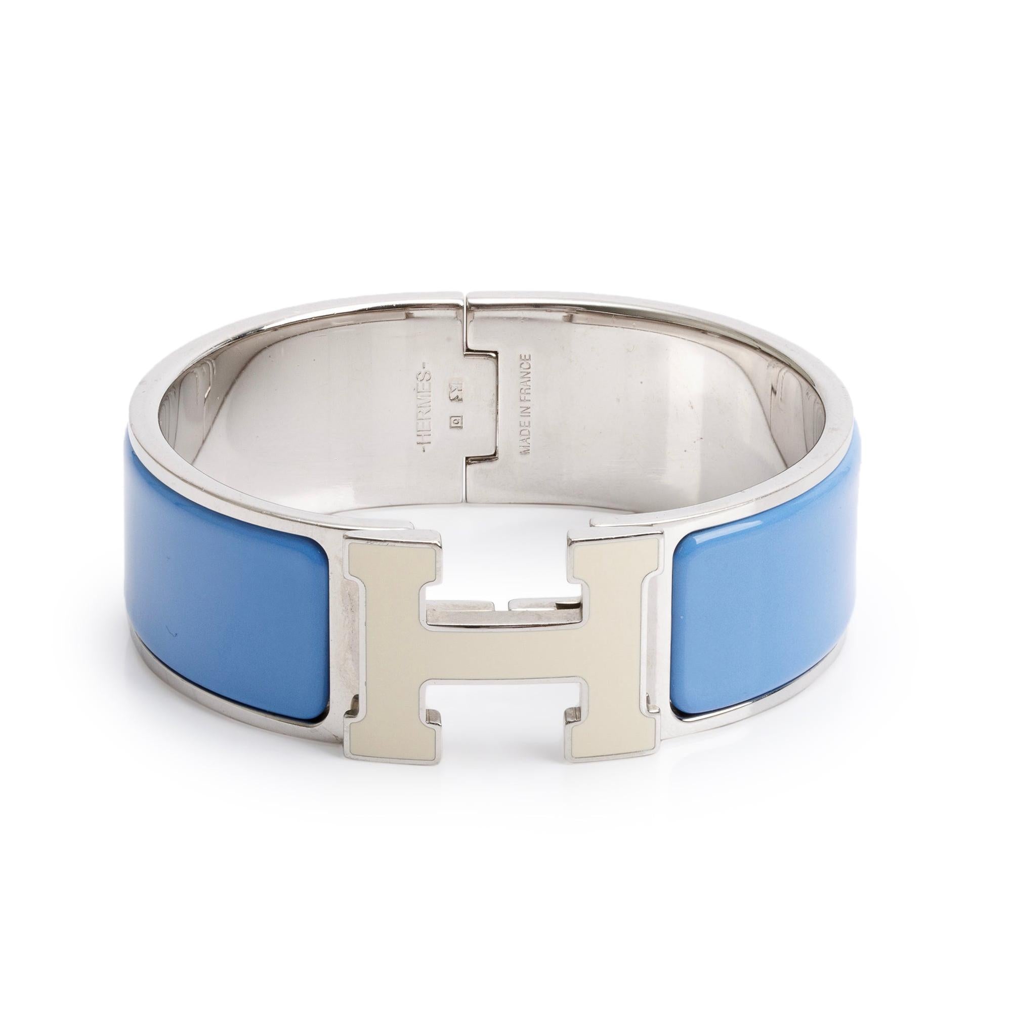 Hermes Palladium-Plated Blanc & Bleu Enamel Clic Clac H Bracelet
