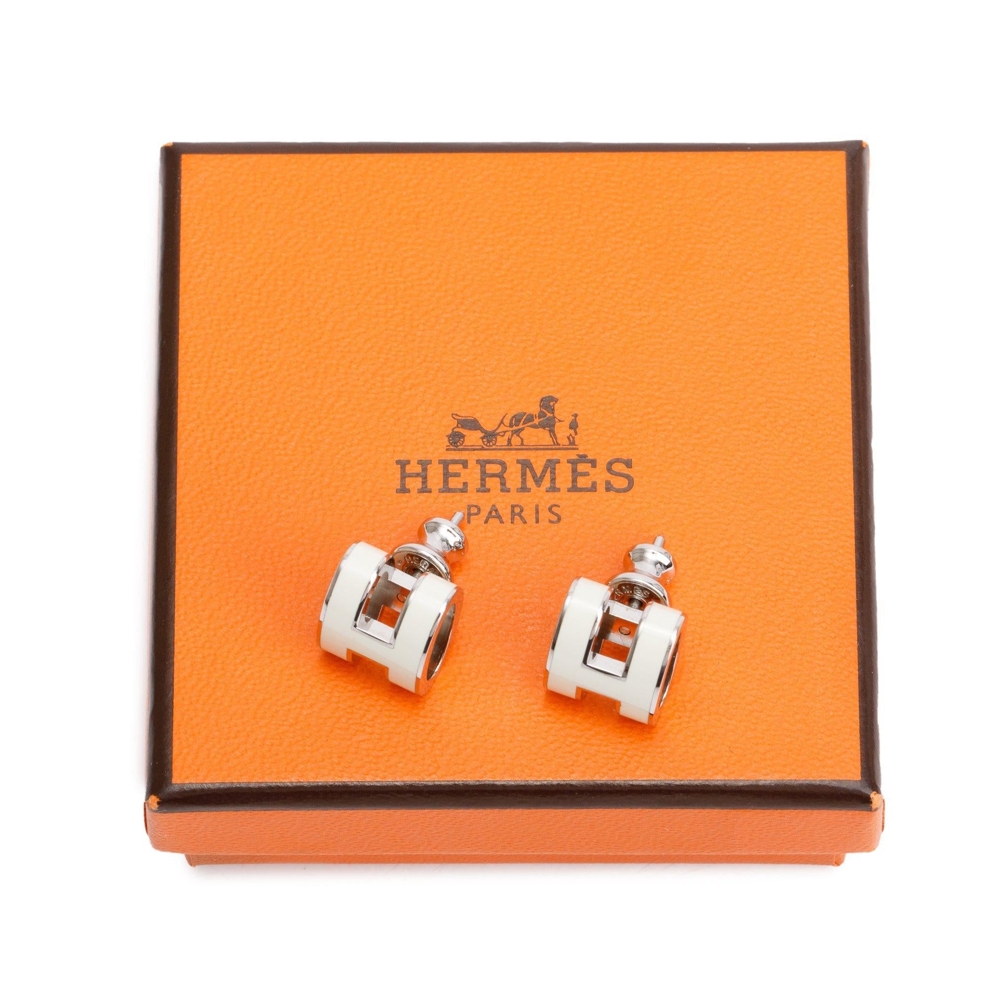 Hermes Palladium Plated Blanc Lacquered Pop H Earrings w/ Box