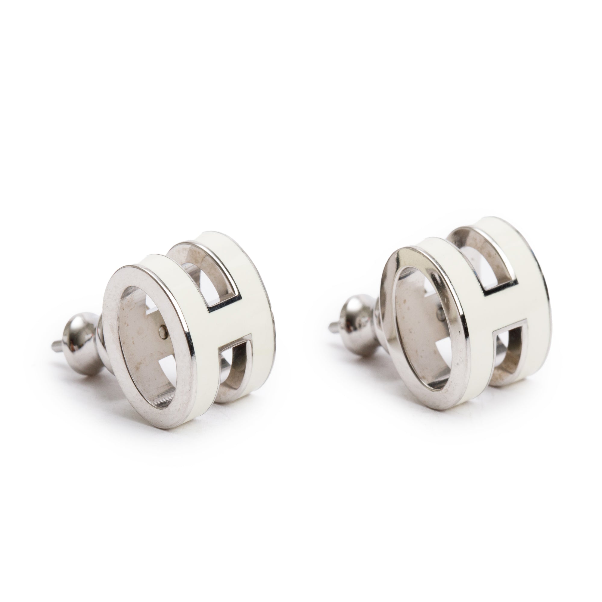 Hermes Palladium Plated Blanc Lacquered Pop H Earrings w/ Box