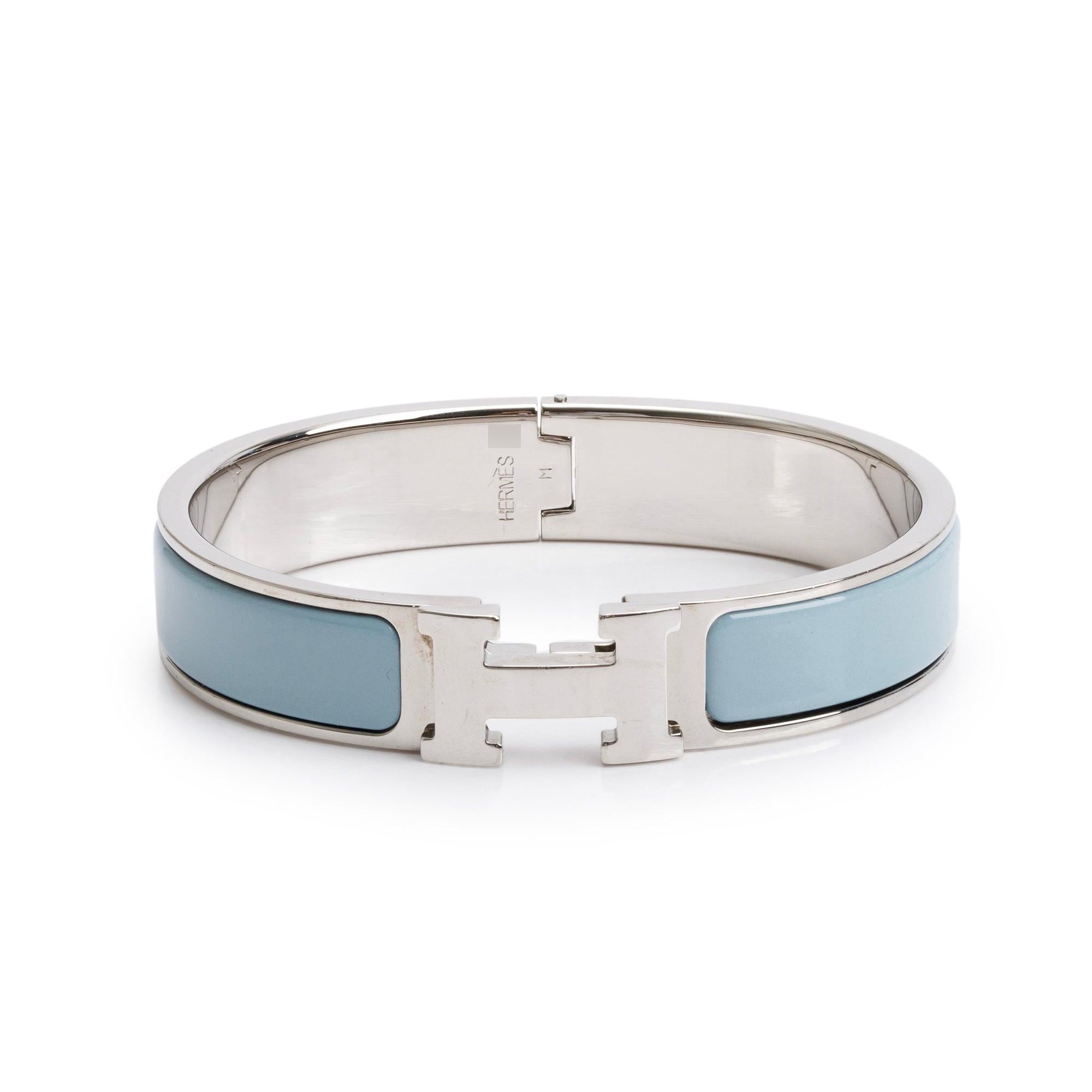 Hermes Palladium Plated Bleu Ciel Enamel 12 MM Clic H Bracelet