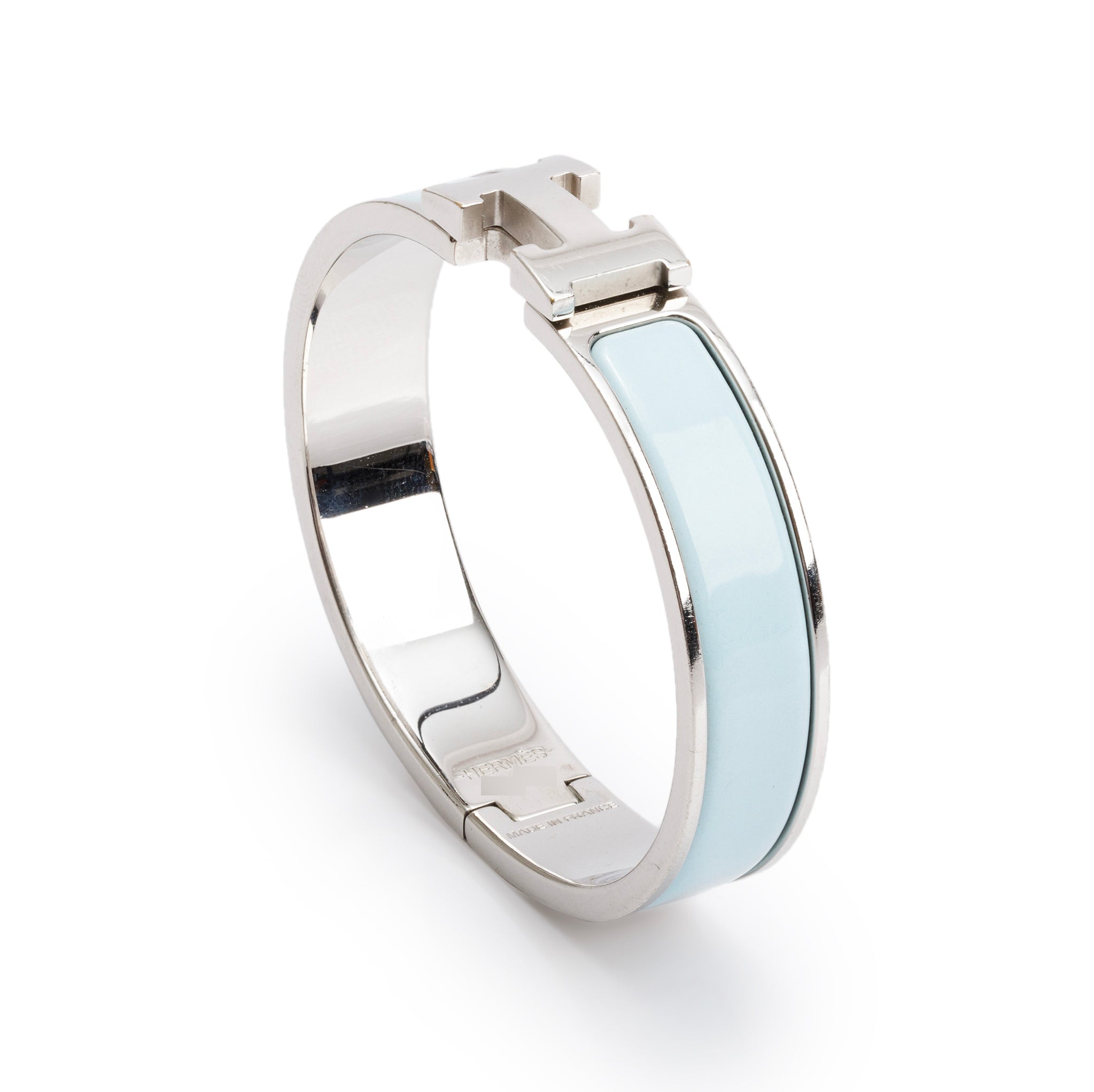 Hermes Palladium Plated Bleu Polaire Enamel 12 MM Clic H Bracelet w/ Box