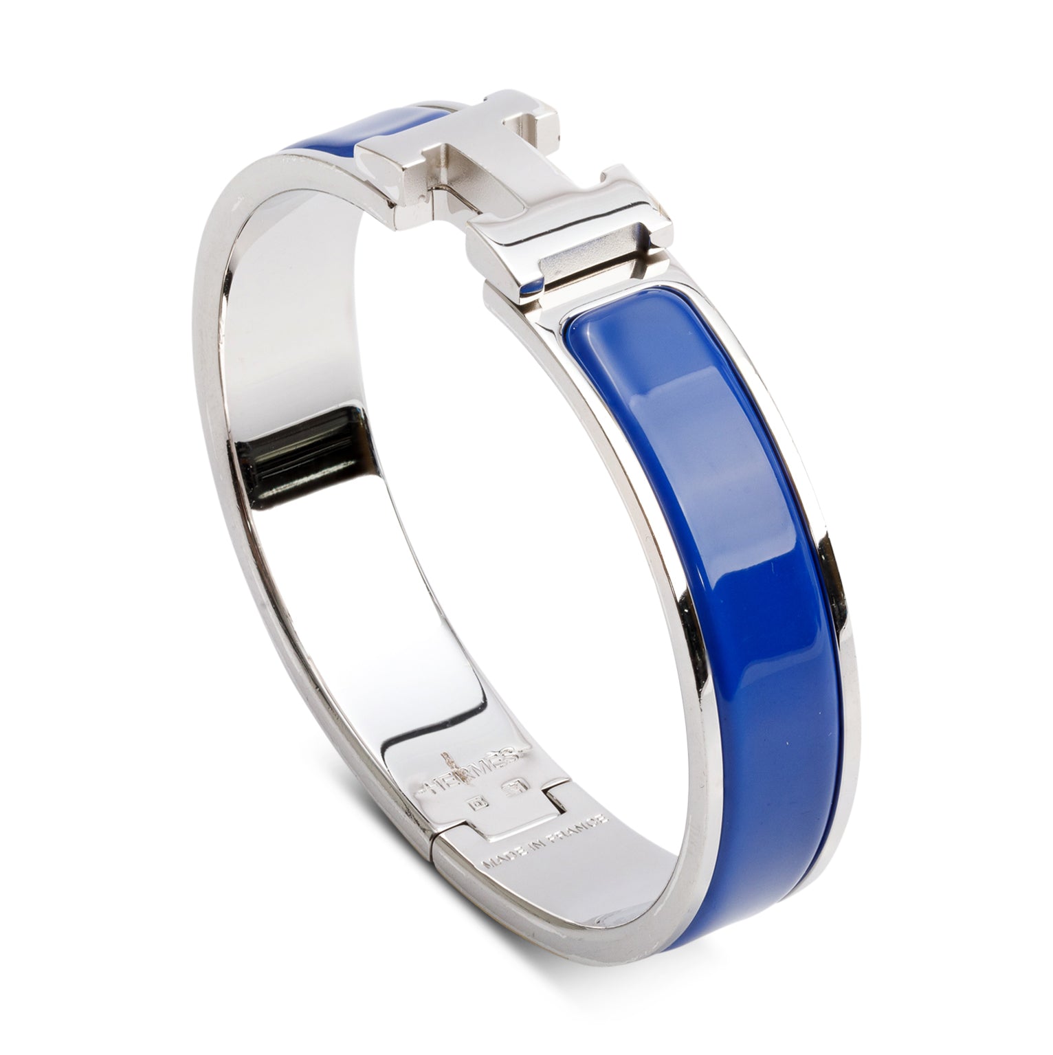 Hermes Palladium Plated Blue Enamel 12 MM Clic H Bracelet