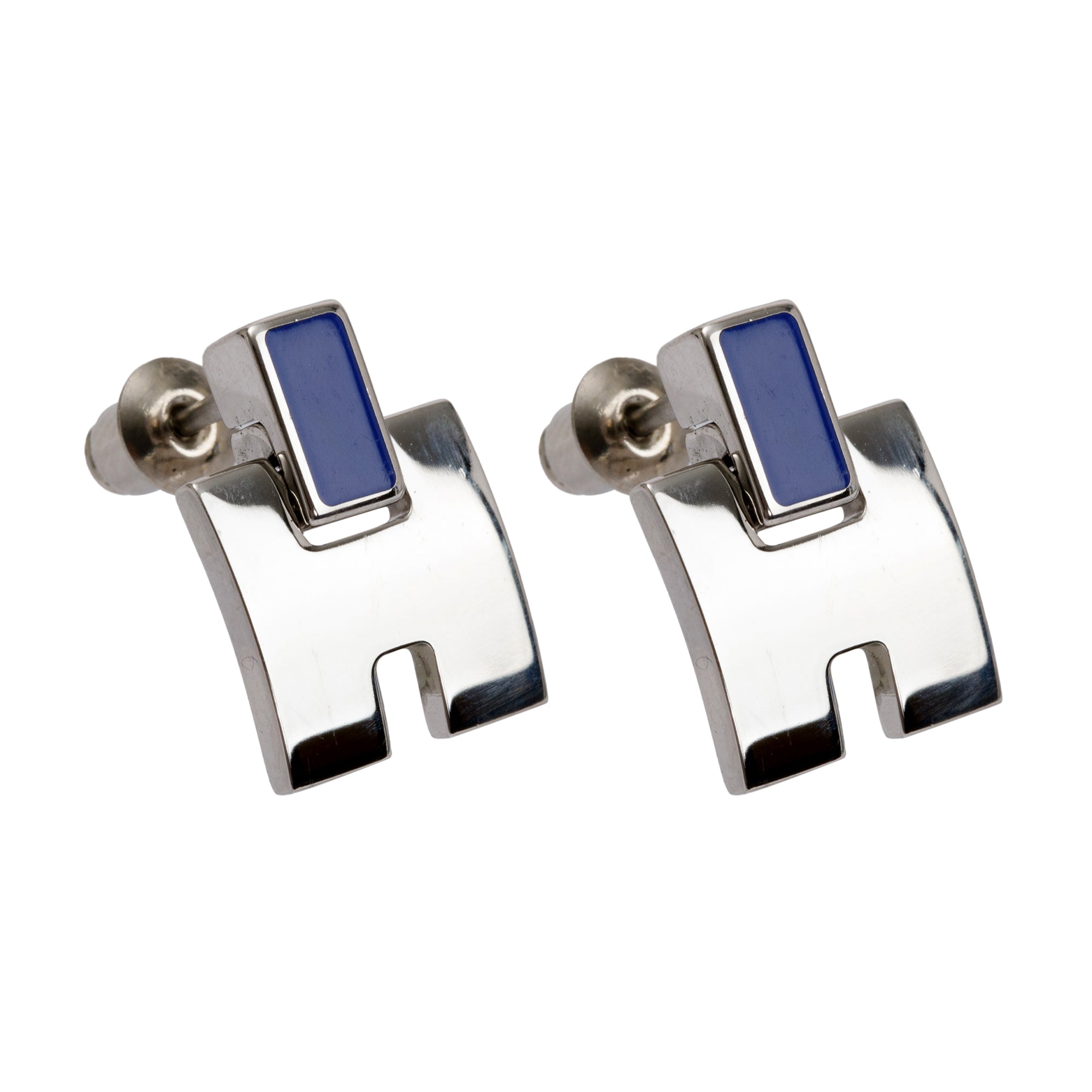 Hermes Palladium Plated Blue Lacquered Eileen Earrings