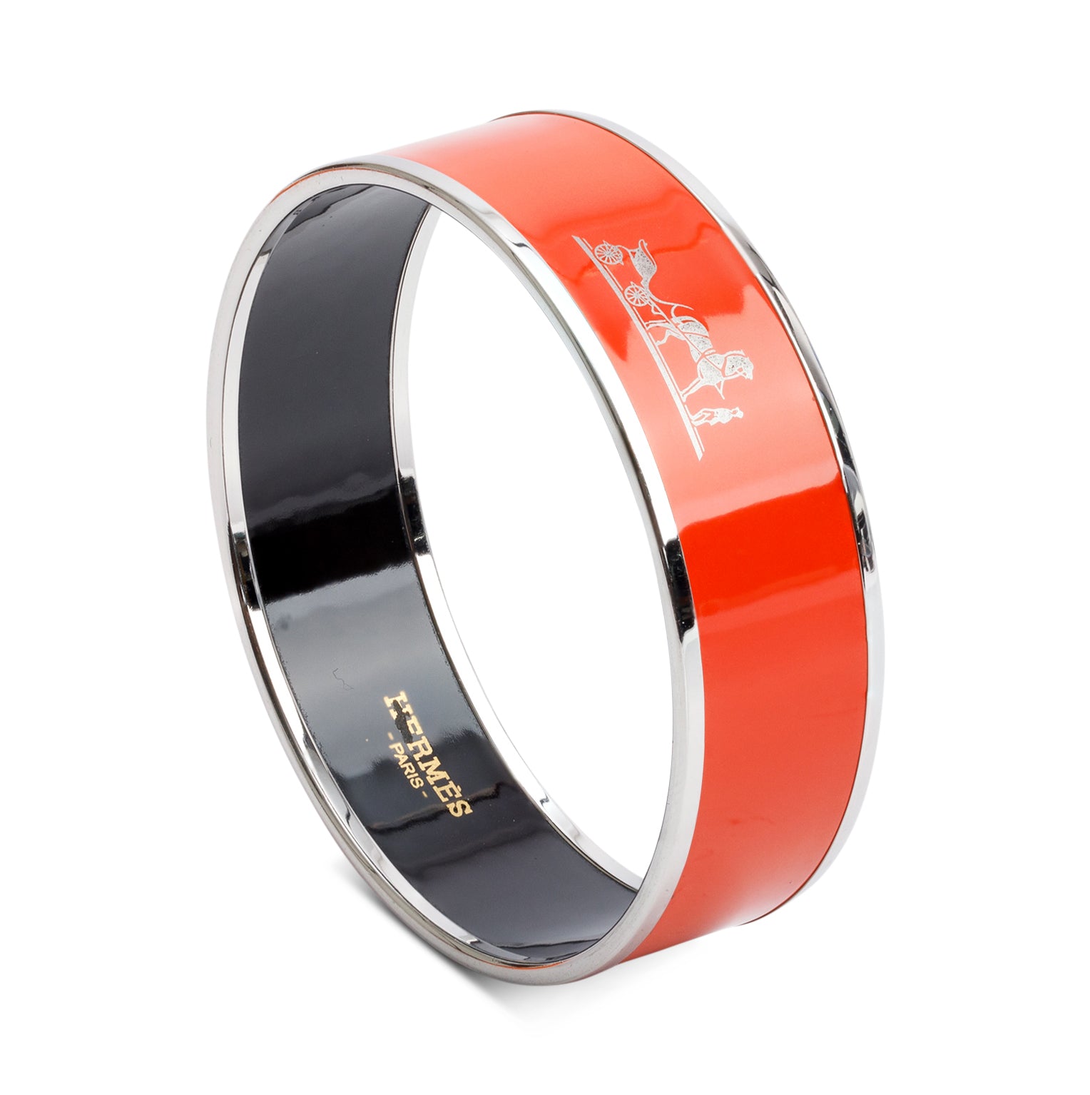 Hermes Palladium-Plated Caleche Orange Enamel Wide Bangle