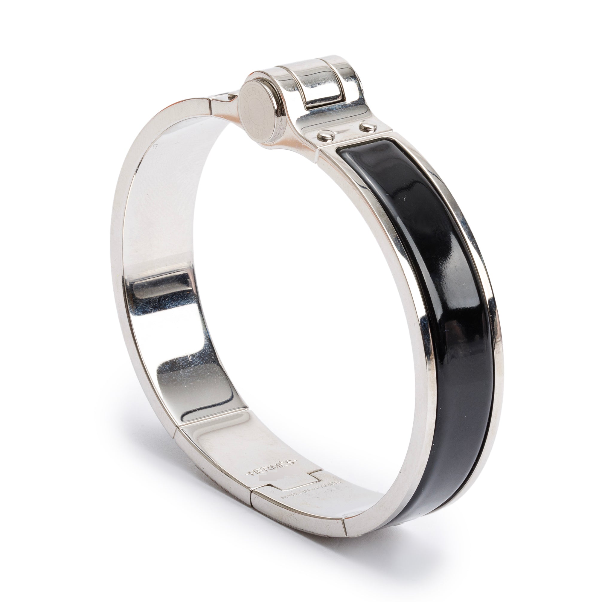 Hermes Palladium Plated Charnière Enamel Narrow Hinged Bracelet w/ Box