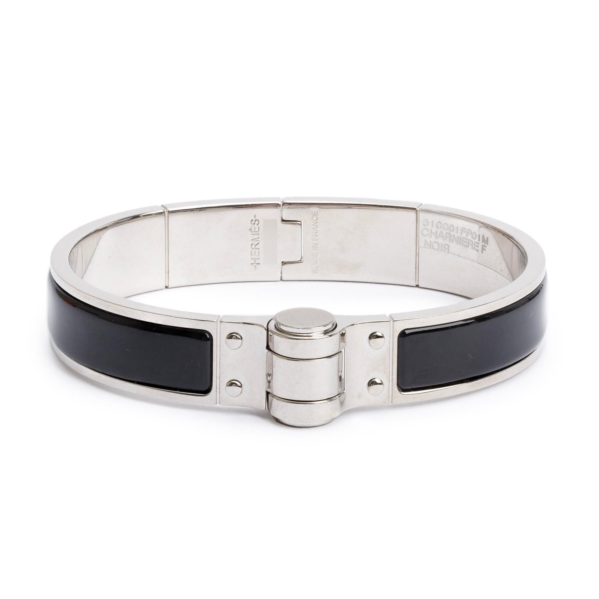 Hermes Palladium Plated Charnière Enamel Narrow Hinged Bracelet w/ Box