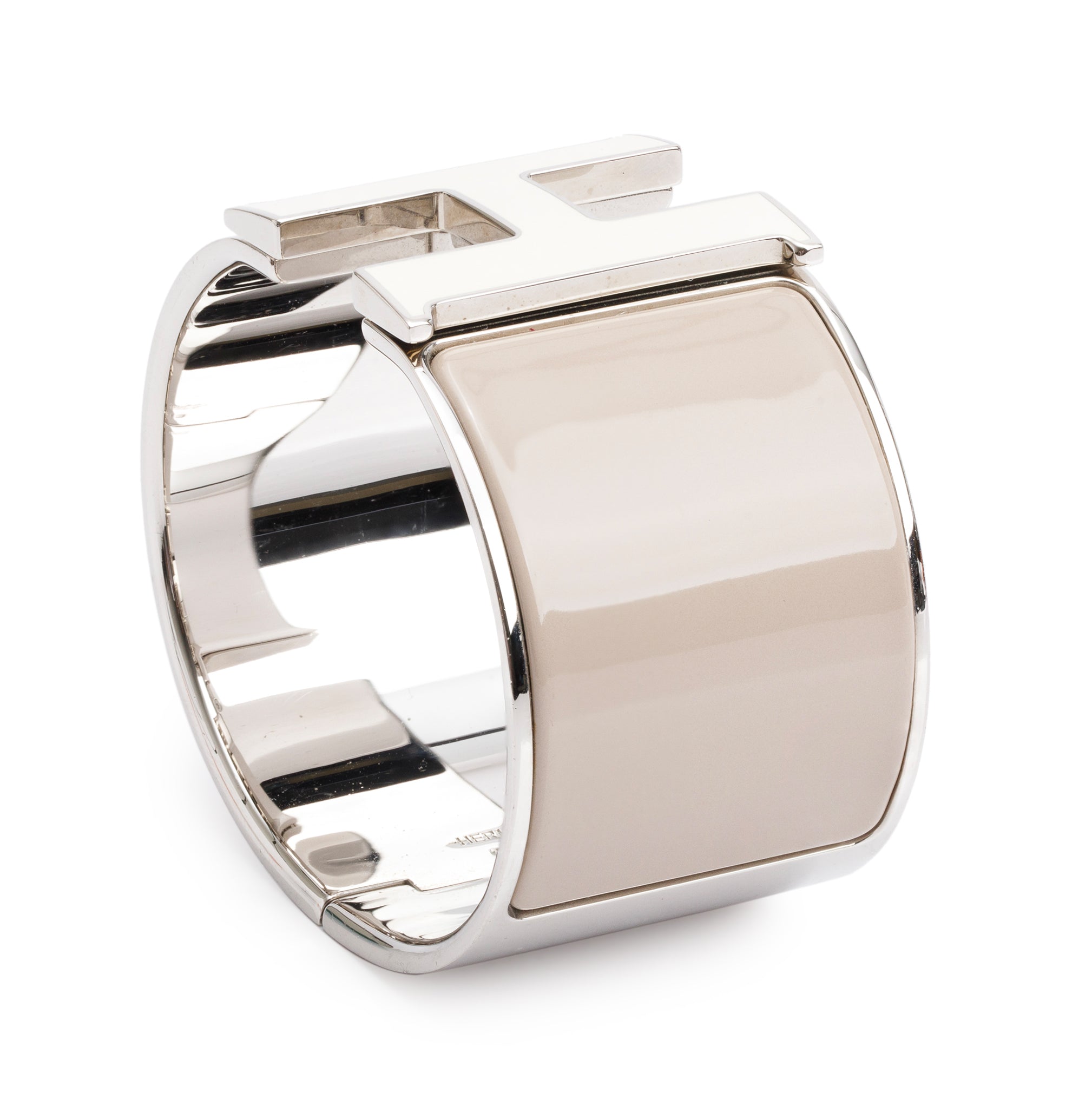 Hermes Palladium-Plated Marron Glace Enamel Clic H XL Bracelet with White Enamel Turnlock w/ Box