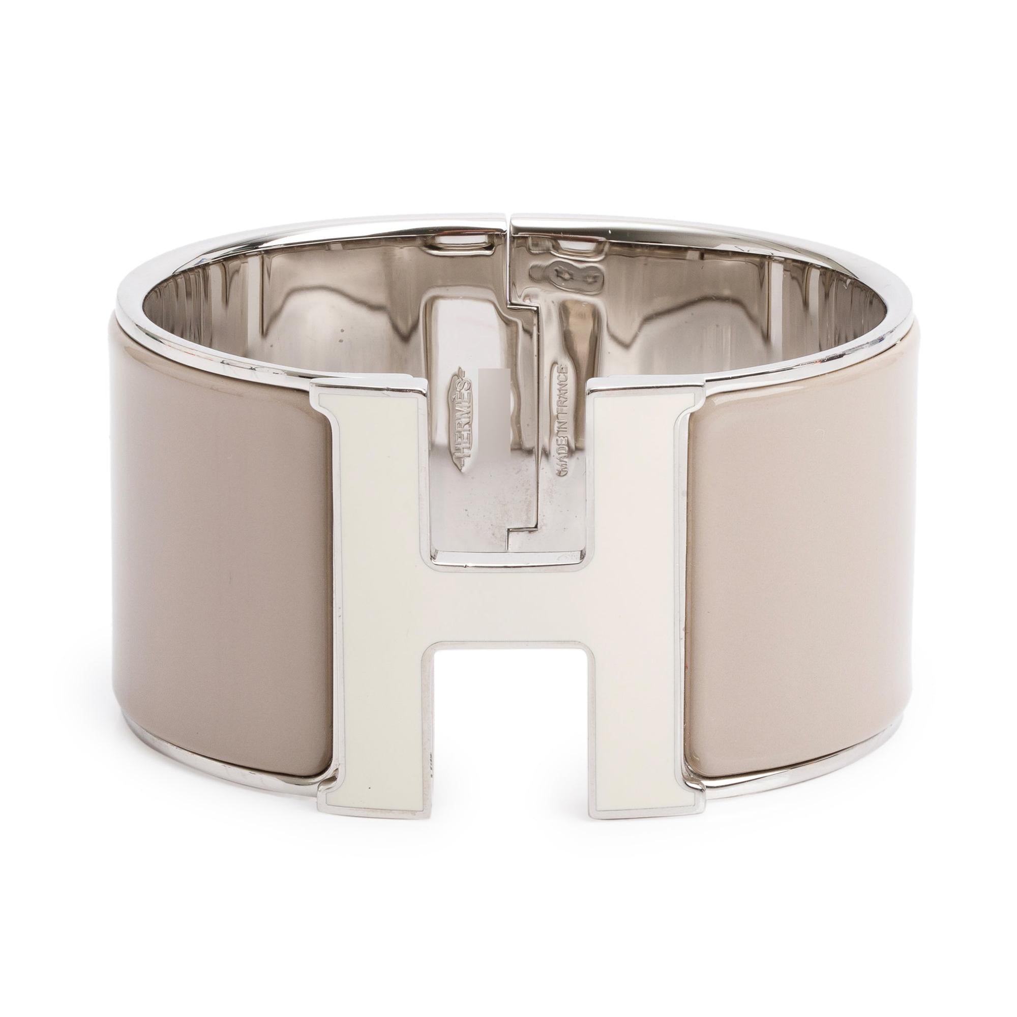 Hermes Palladium-Plated Marron Glace Enamel Clic H XL Bracelet with White Enamel Turnlock w/ Box