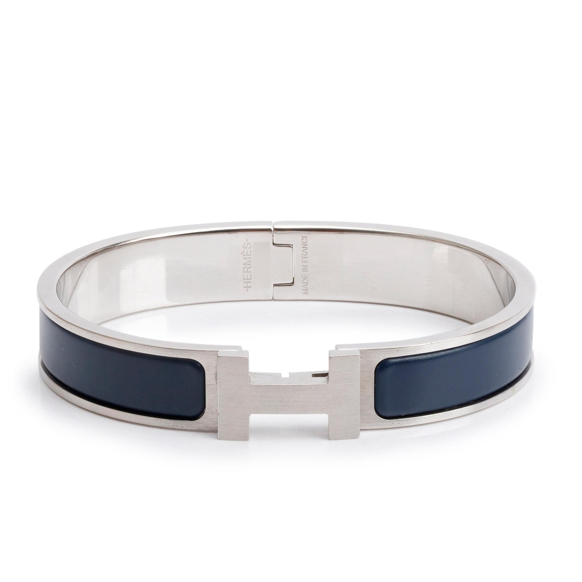 Hermes Palladium Plated Navy Matte Enamel 12 MM Clic HH Bracelet w/ Box
