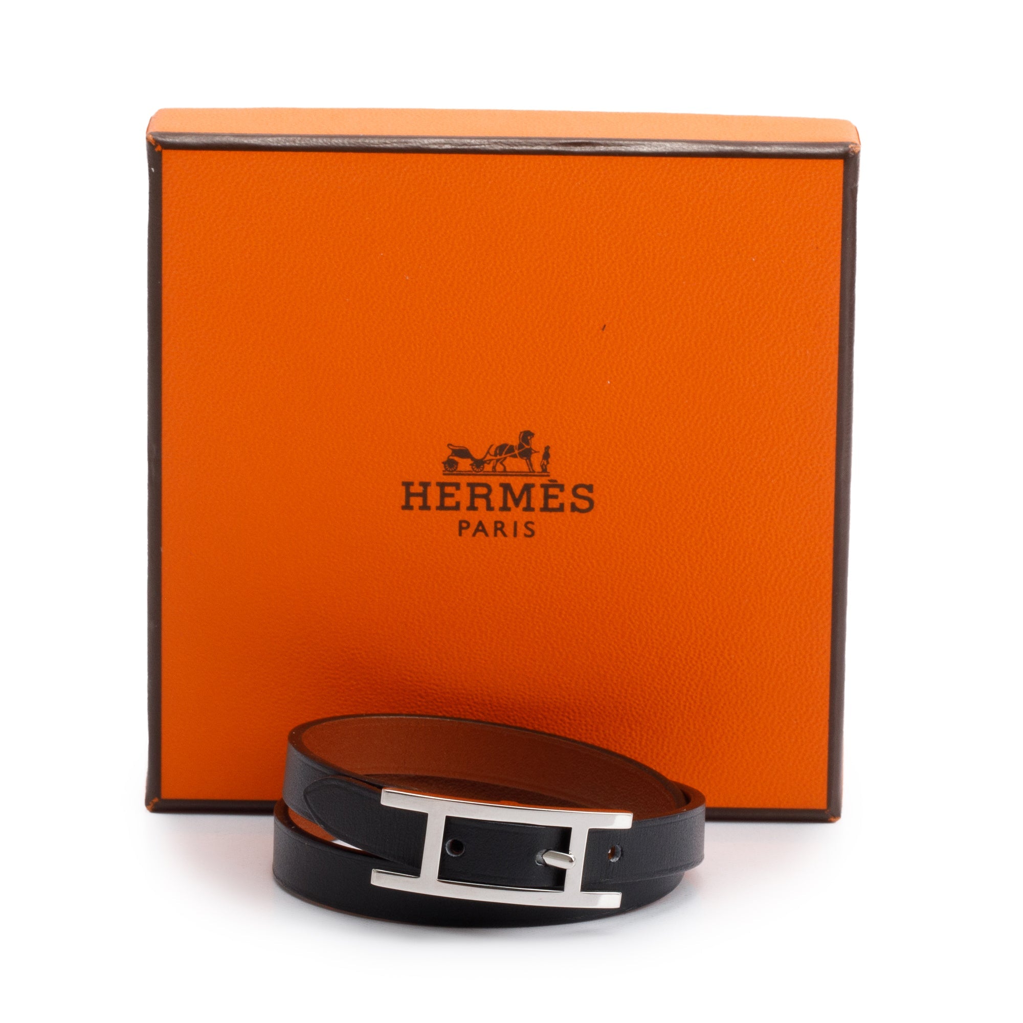 Hermes Palladium Plated Noir/Fauve Chamonix/Tadelakt Leather Behapi Double Tour Bracelet w/ Box