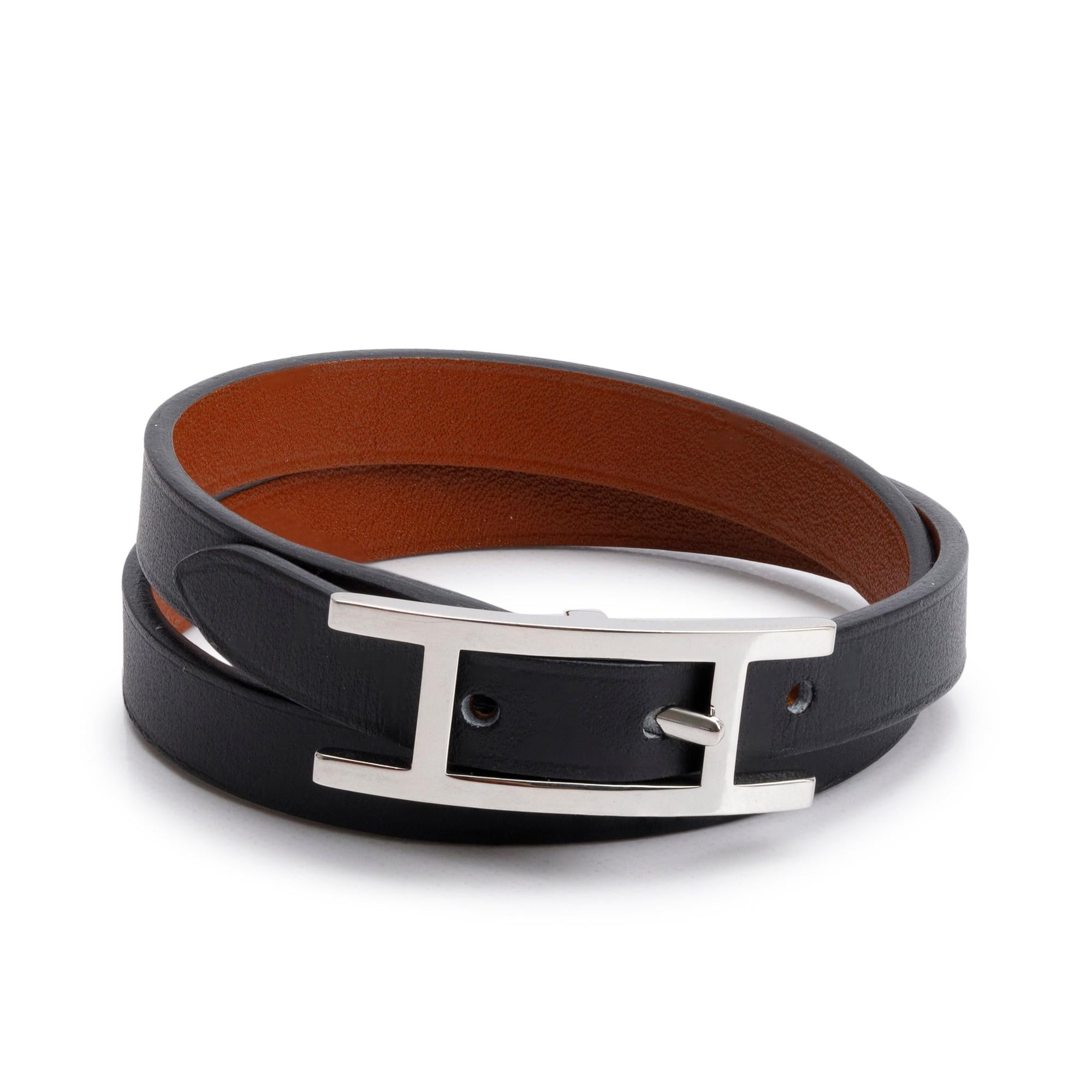 Hermes Palladium Plated Noir/Fauve Chamonix/Tadelakt Leather Behapi Double Tour Bracelet w/ Box