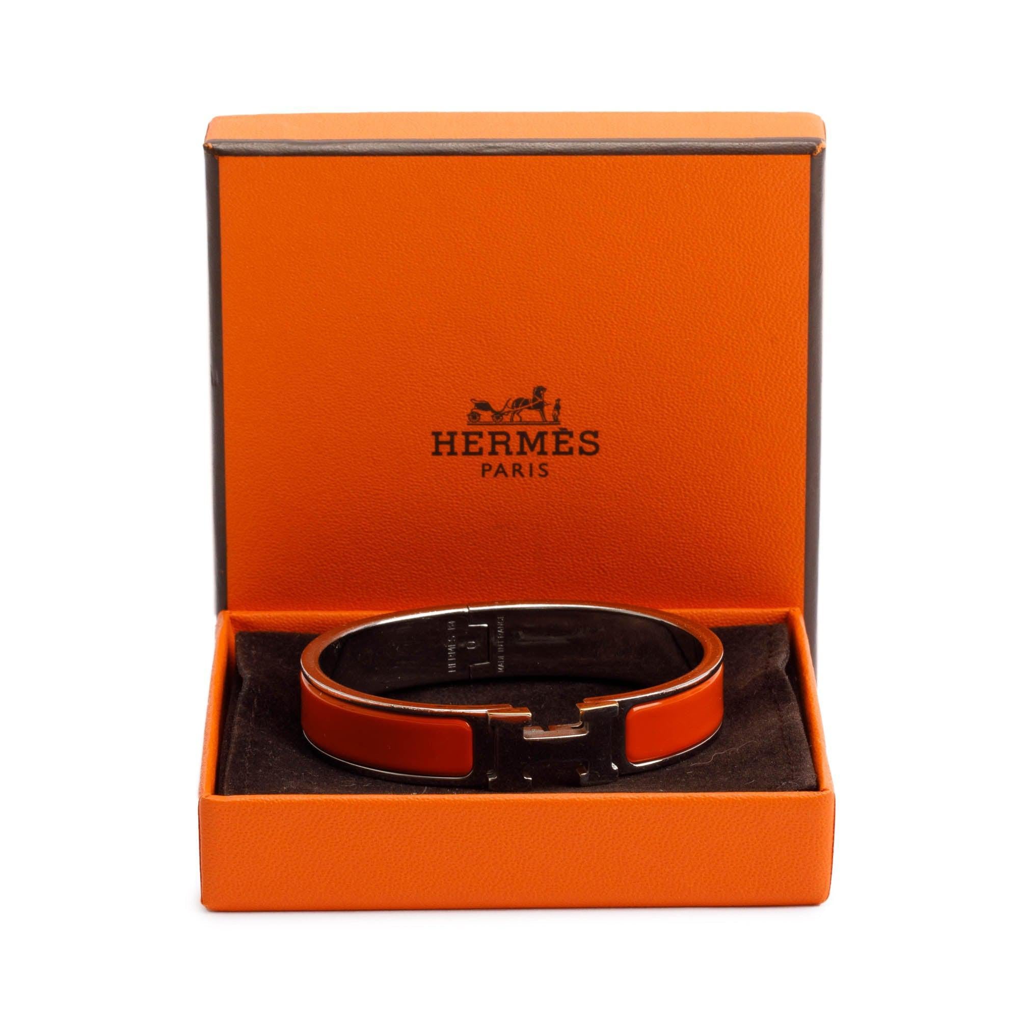 Hermes Palladium-Plated Orange Enamel Clic H Bracelet w/ Box