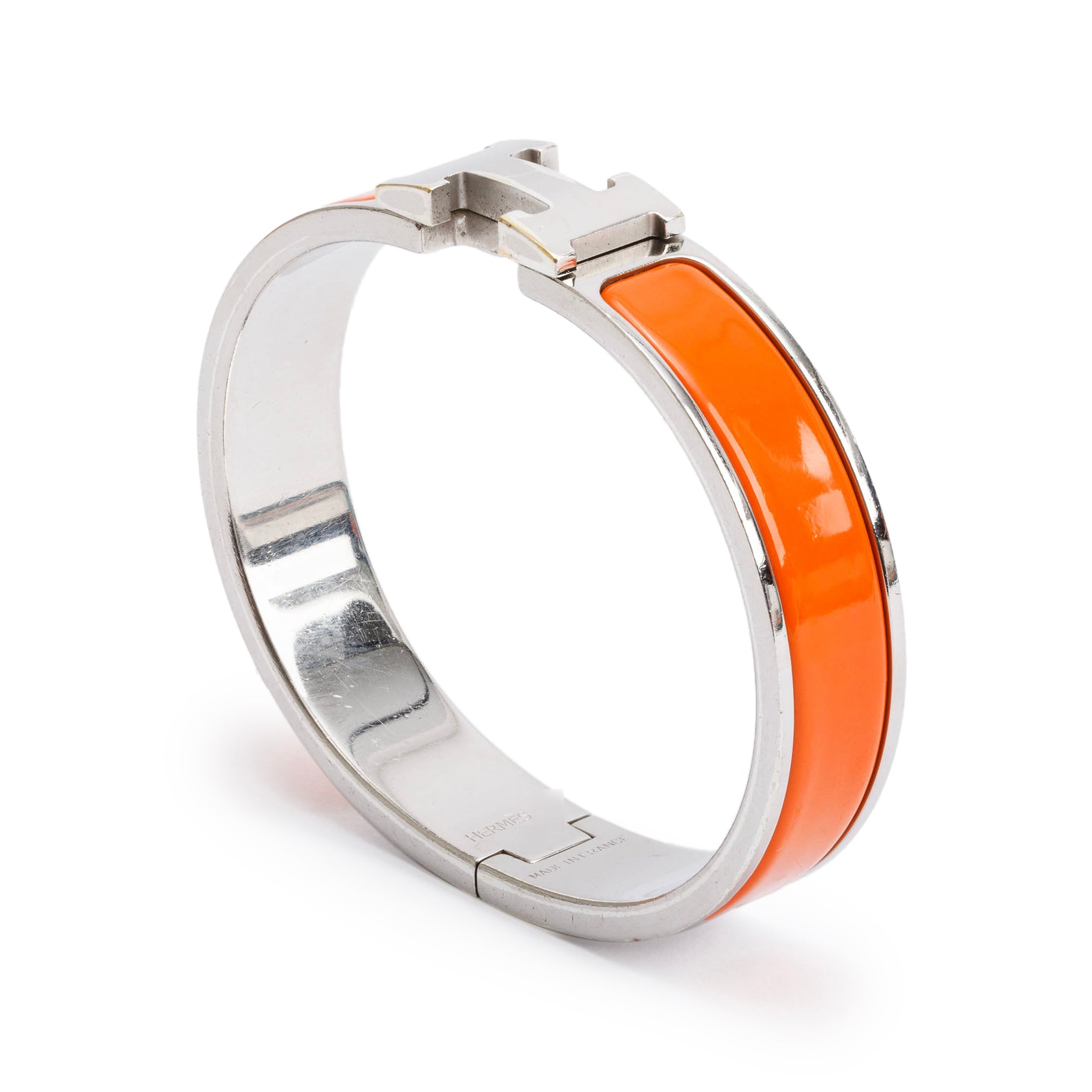 Hermes Palladium-Plated Orange Enamel Clic H Bracelet w/ Box
