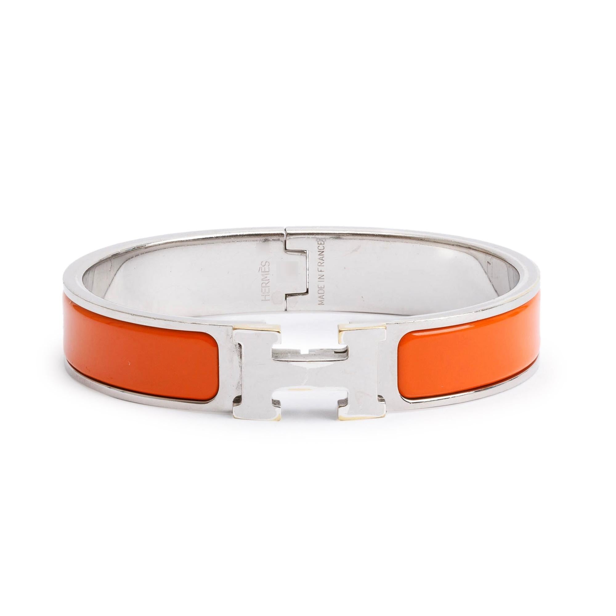 Hermes Palladium-Plated Orange Enamel Clic H Bracelet w/ Box