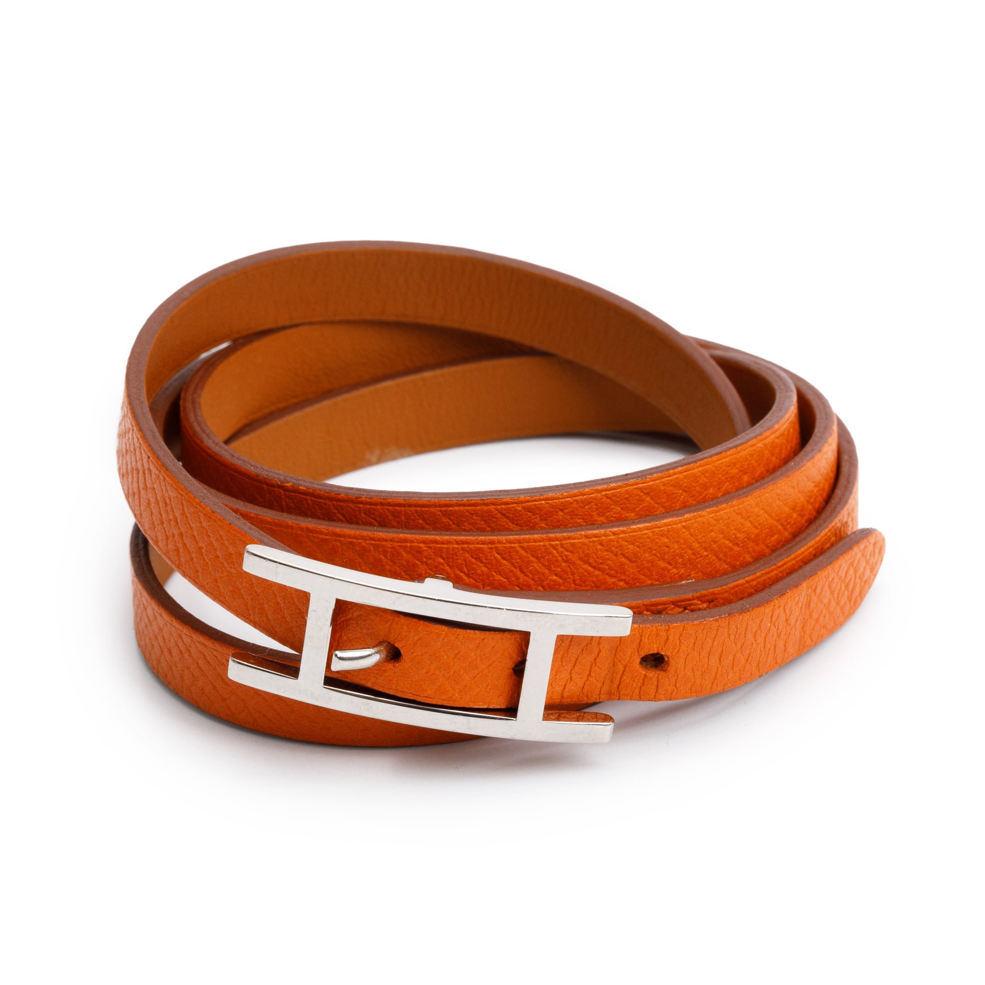 Hermes Palladium Plated Orange Leather Behapi Quad Tour Wrap Bracelet