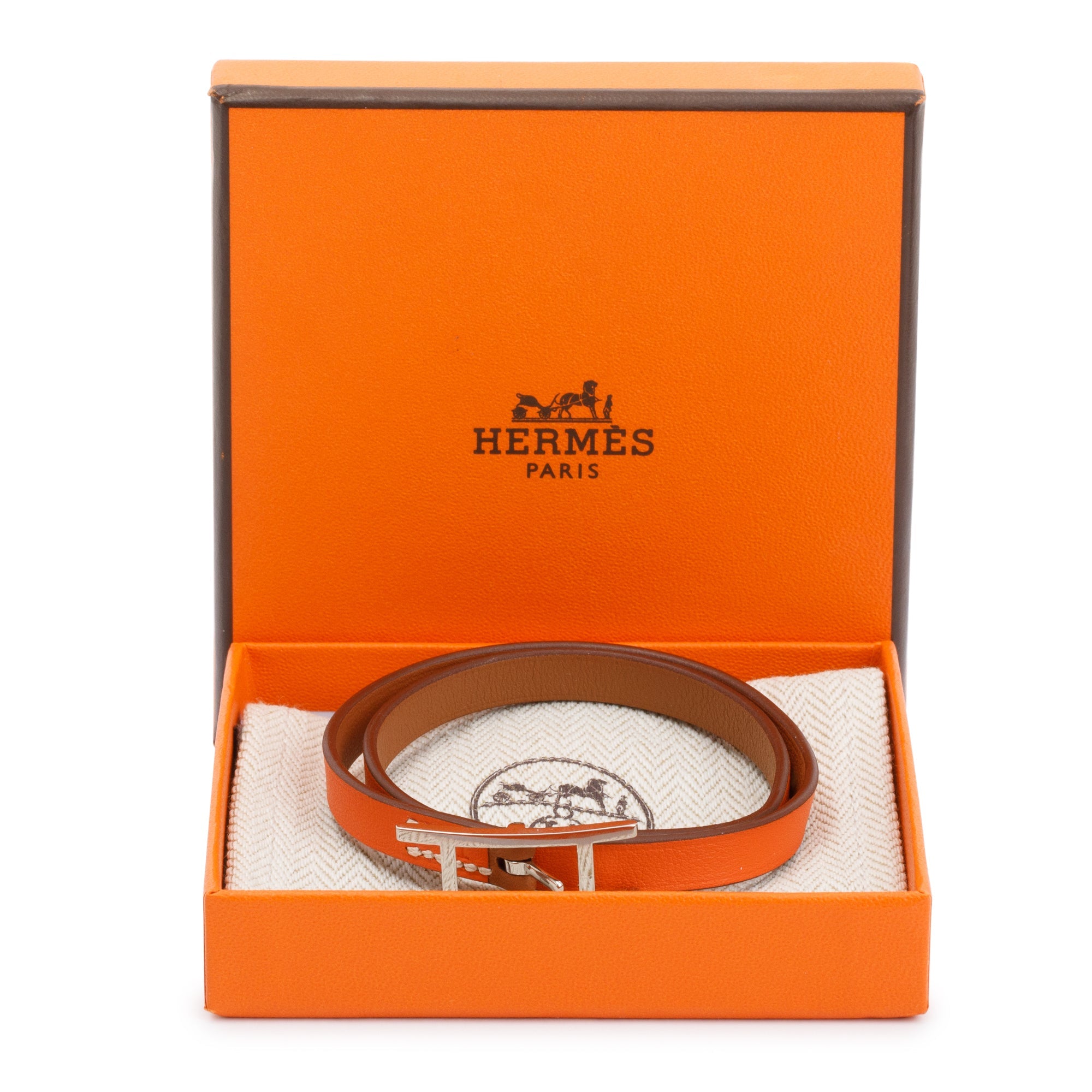 Hermes Palladium Plated Orange/Gold Swift Leather Behapi Double Tour Bracelet w/ Box & Receipt
