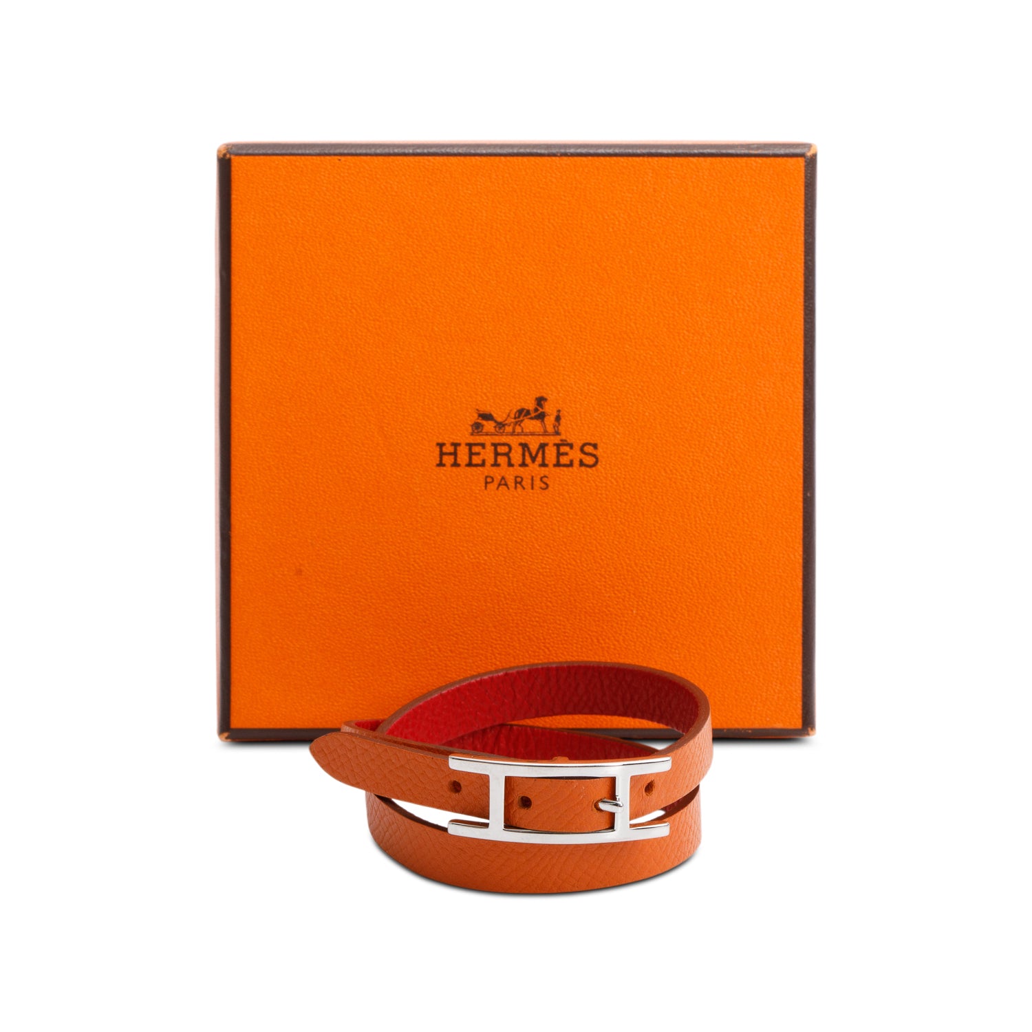 Hermes Palladium Plated Orange/Red Leather Behapi Double Tour Bracelet, Size S w/ Box
