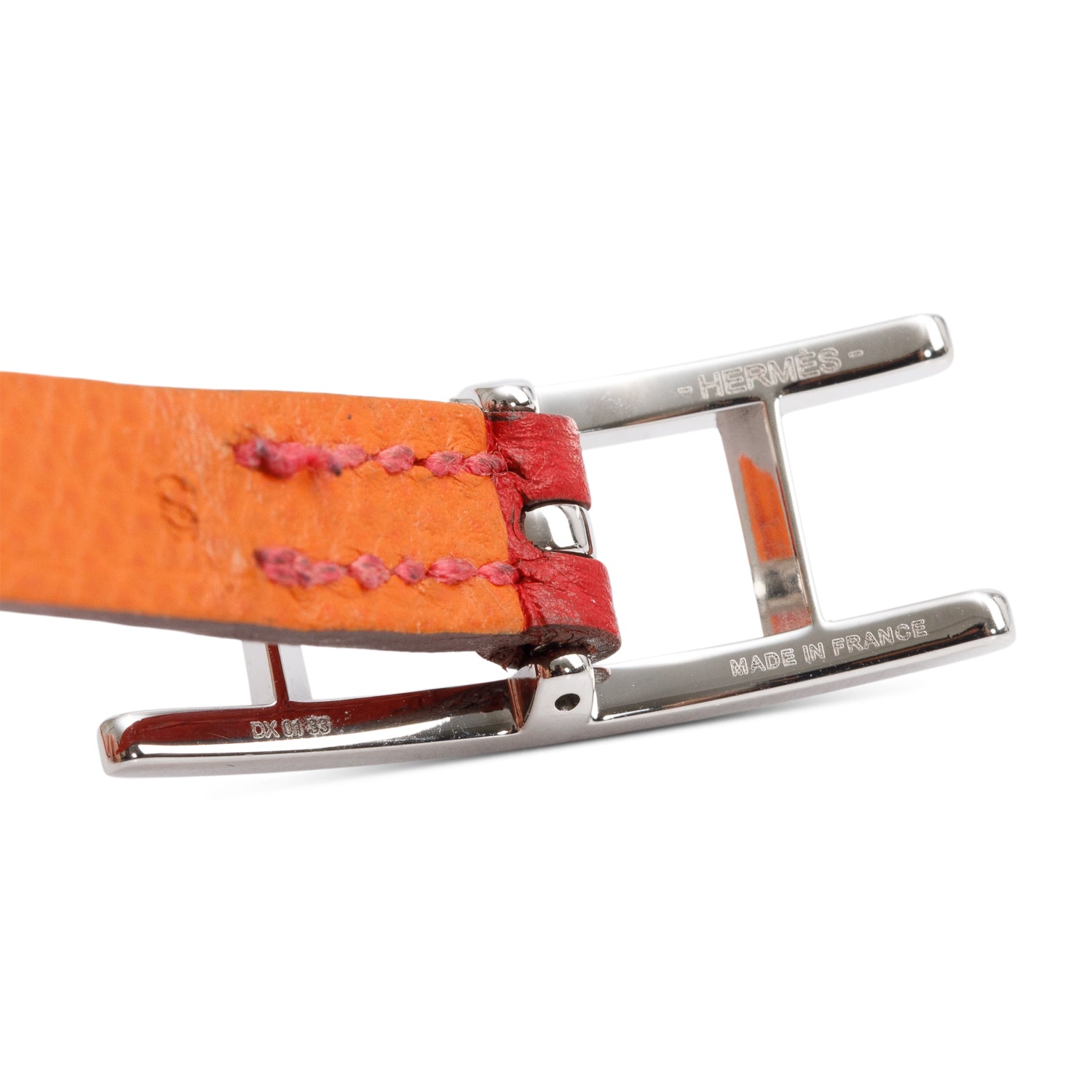 Hermes Palladium Plated Orange/Red Leather Behapi Double Tour Bracelet, Size S w/ Box