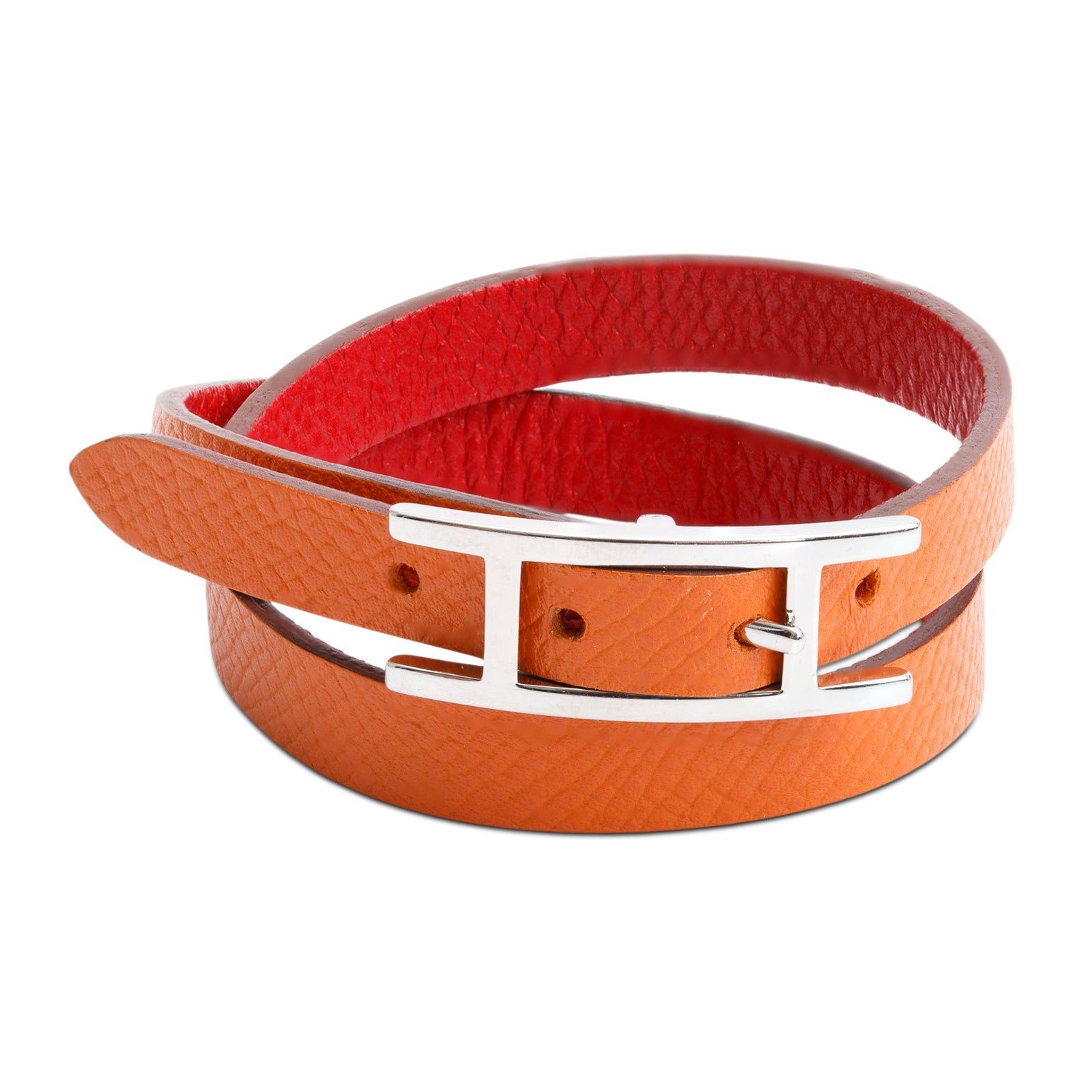 Hermes Palladium Plated Orange/Red Leather Behapi Double Tour Bracelet, Size S w/ Box
