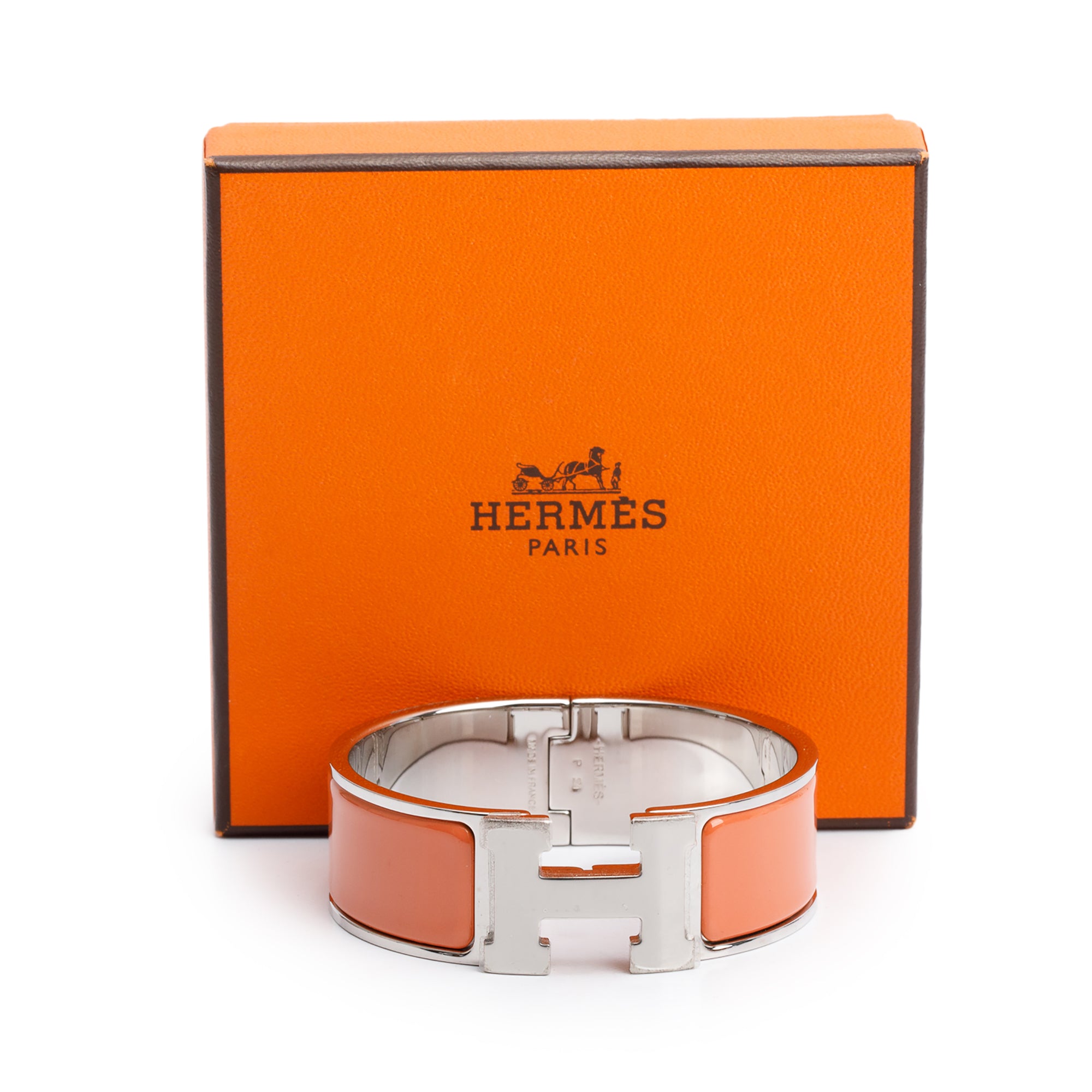 Hermes Palladium-Plated Peach Enamel Clic Clac H Bracelet w/ Box