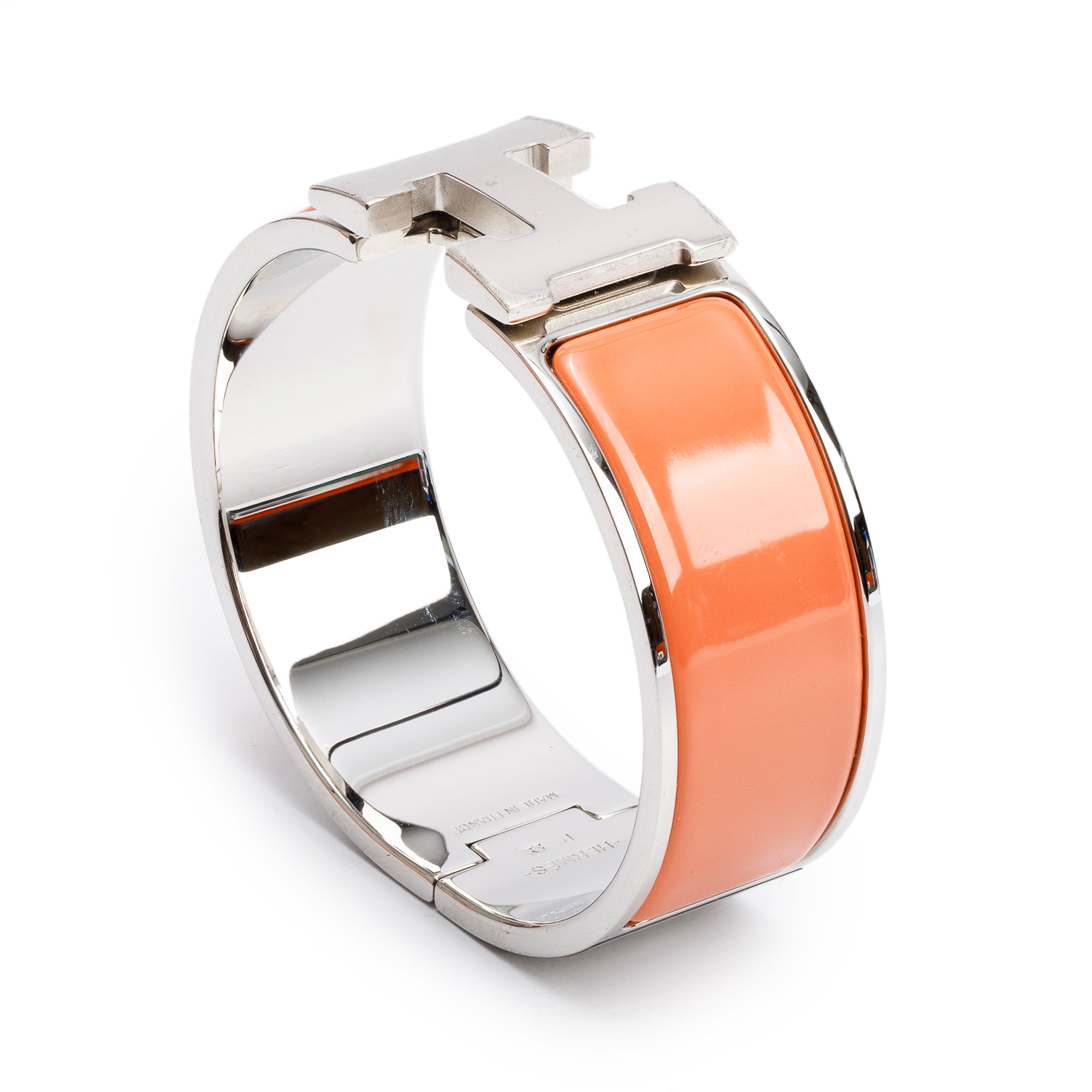 Hermes Palladium-Plated Peach Enamel Clic Clac H Bracelet w/ Box