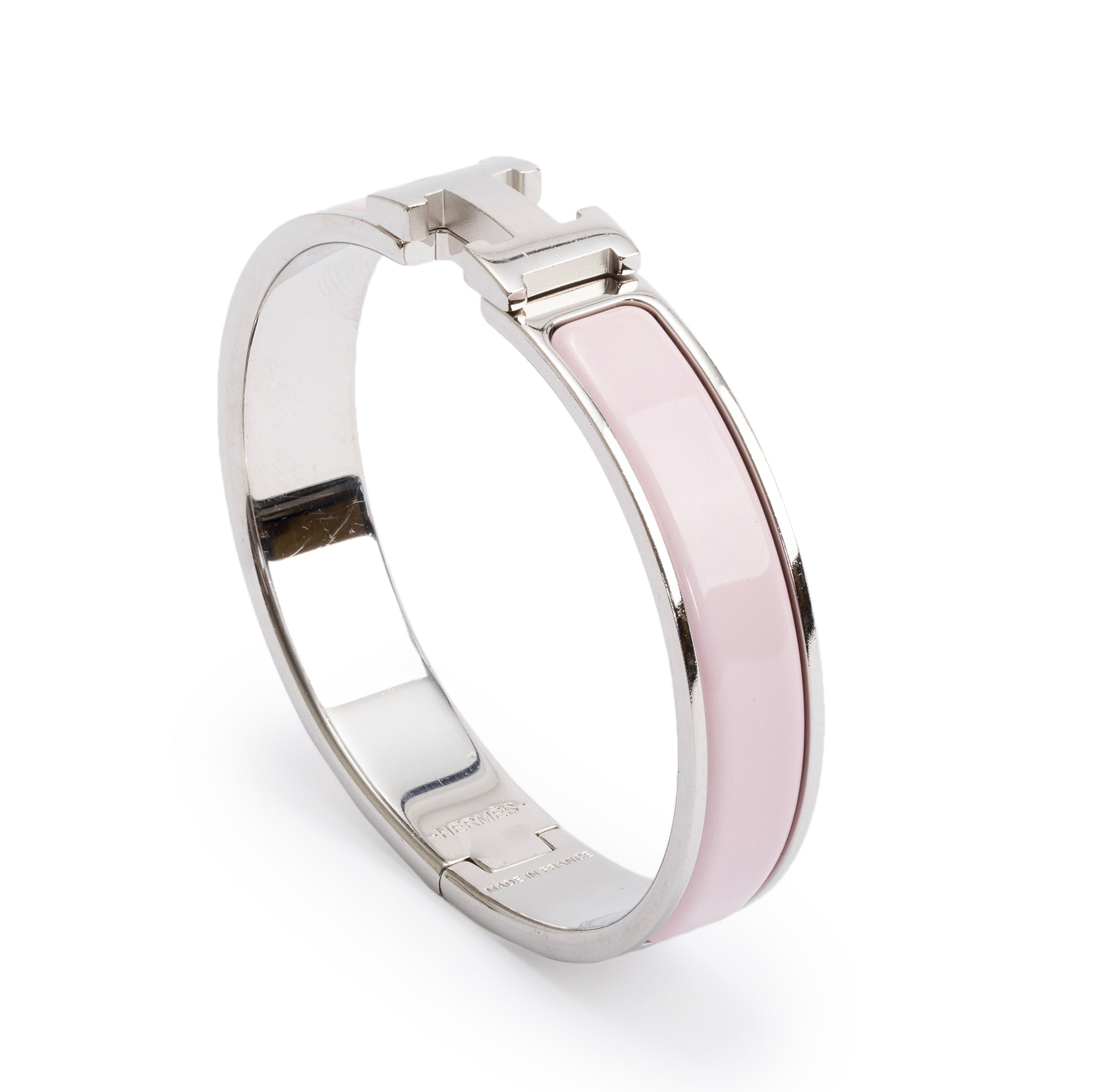 Hermes Palladium Plated Pink Enamel 12 MM Clic H Bracelet