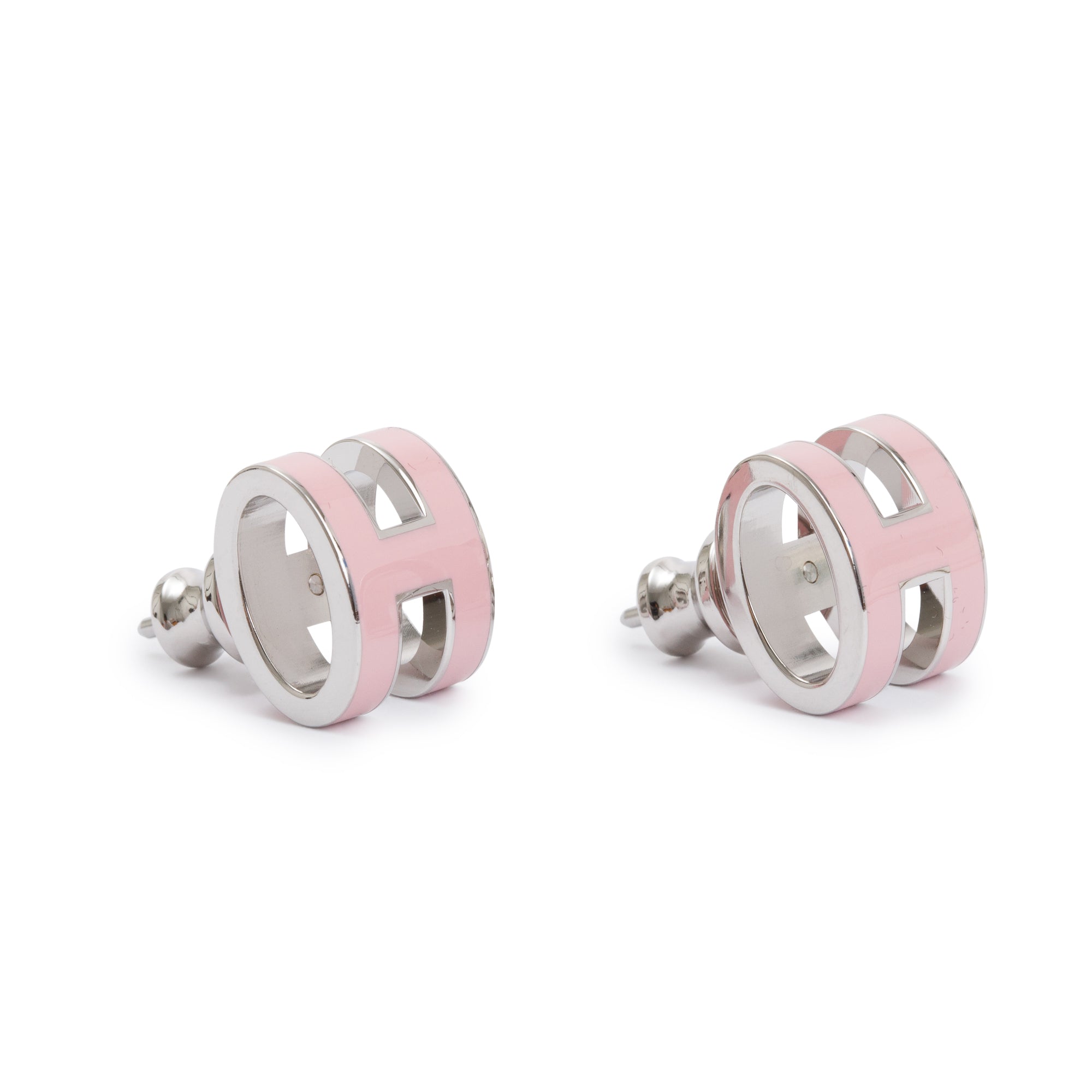 Hermes Palladium Plated Pink Lacquered Pop H Earrings w/ Box