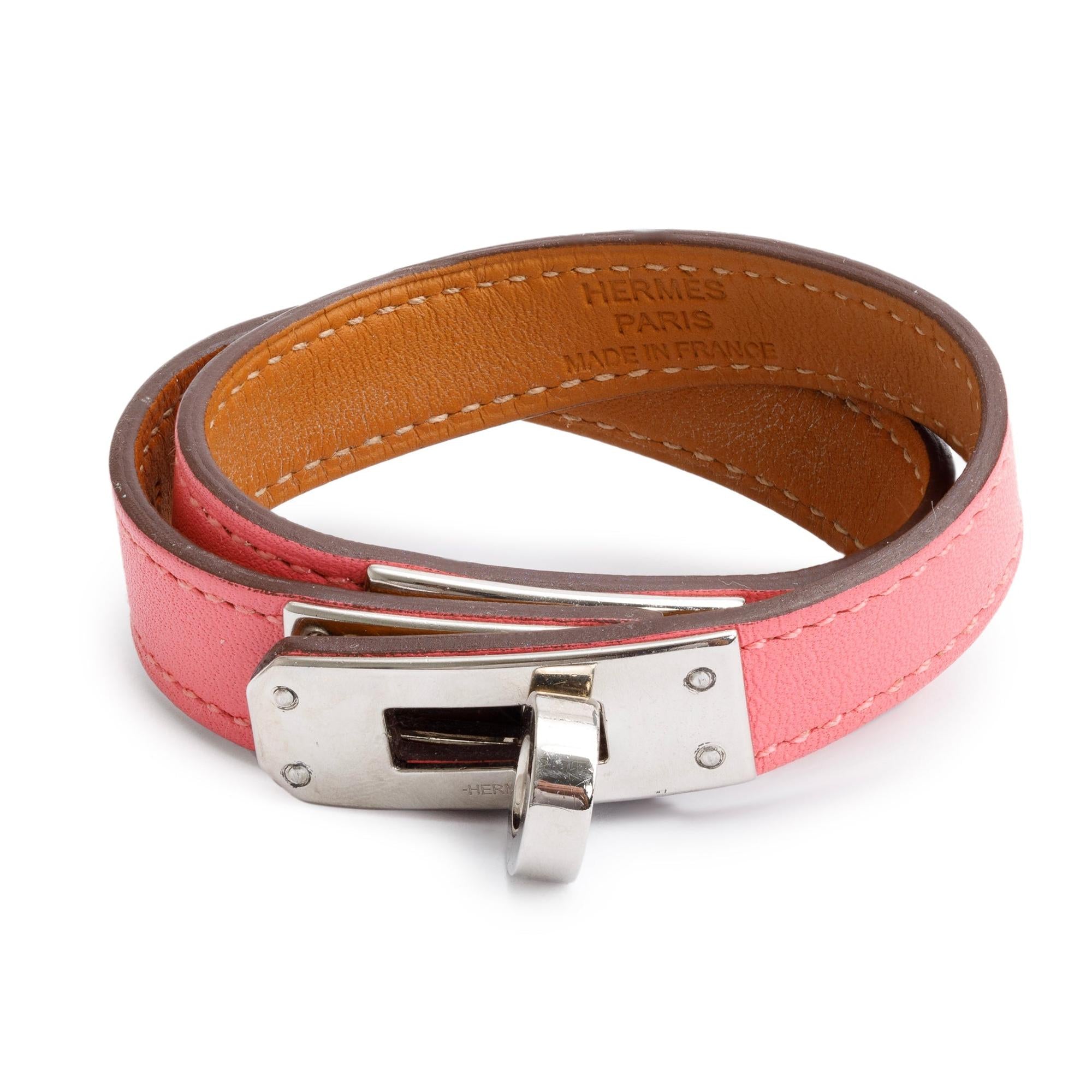 Hermes Palladium Plated Pink Leather Kelly Double Tour Bracelet, Size XS