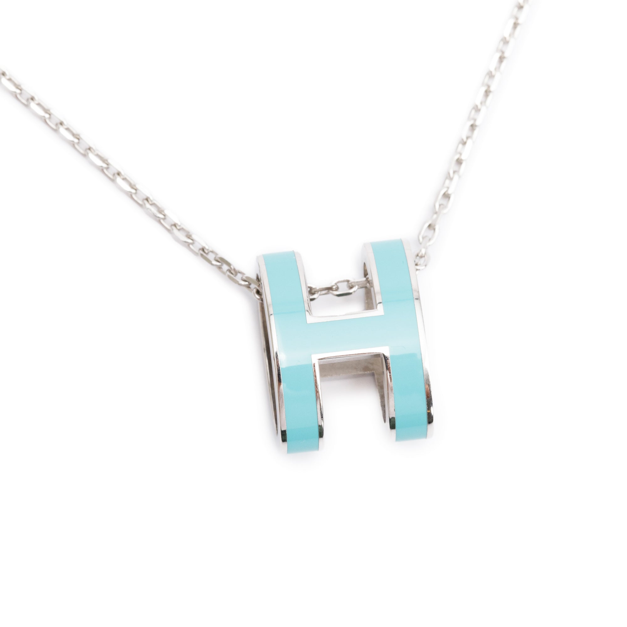Hermes Palladium-Plated Turquoise Lacquered Pop H Pendant Necklace