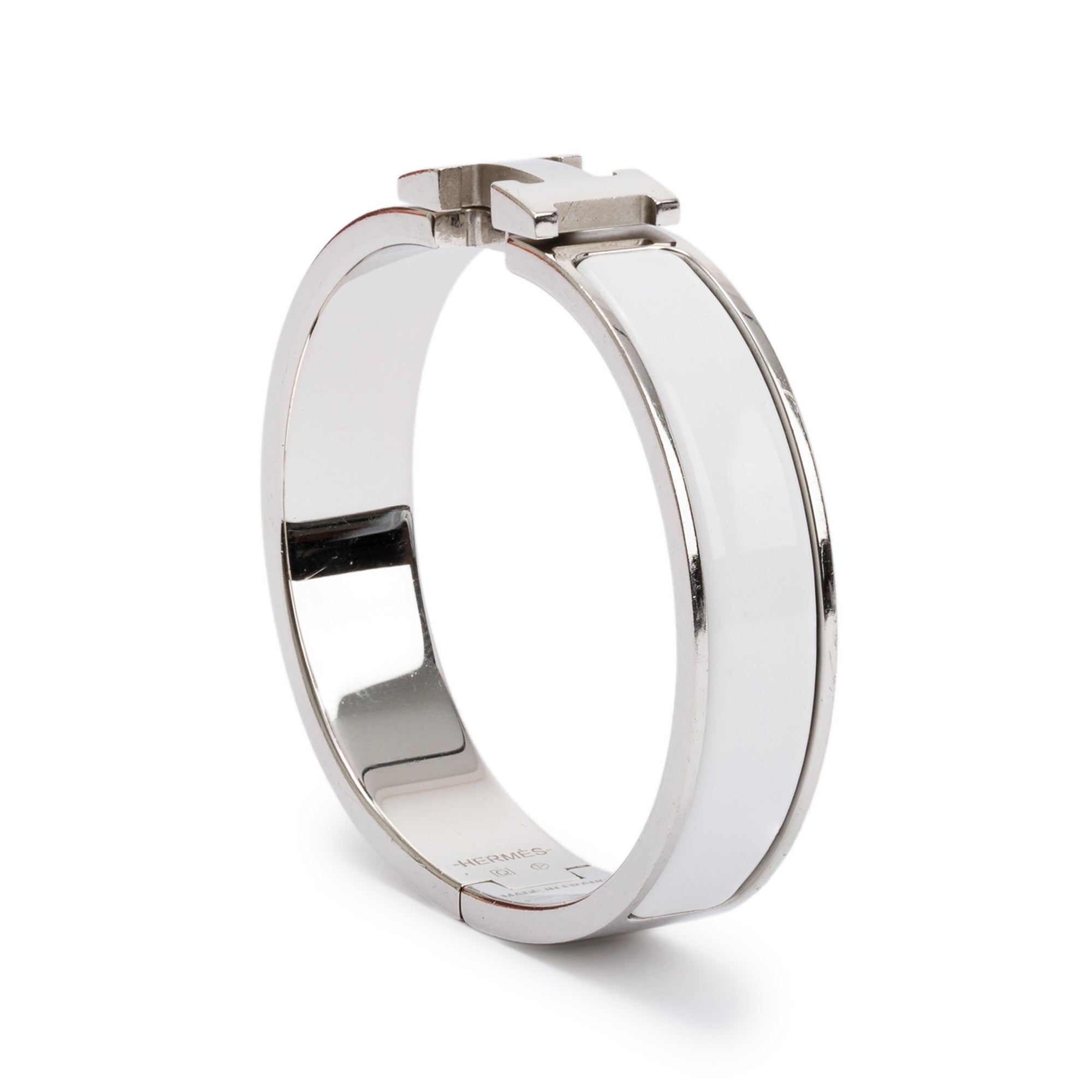 Hermes Palladium Plated White Enamel 12 MM Clic H Bracelet w/ Box