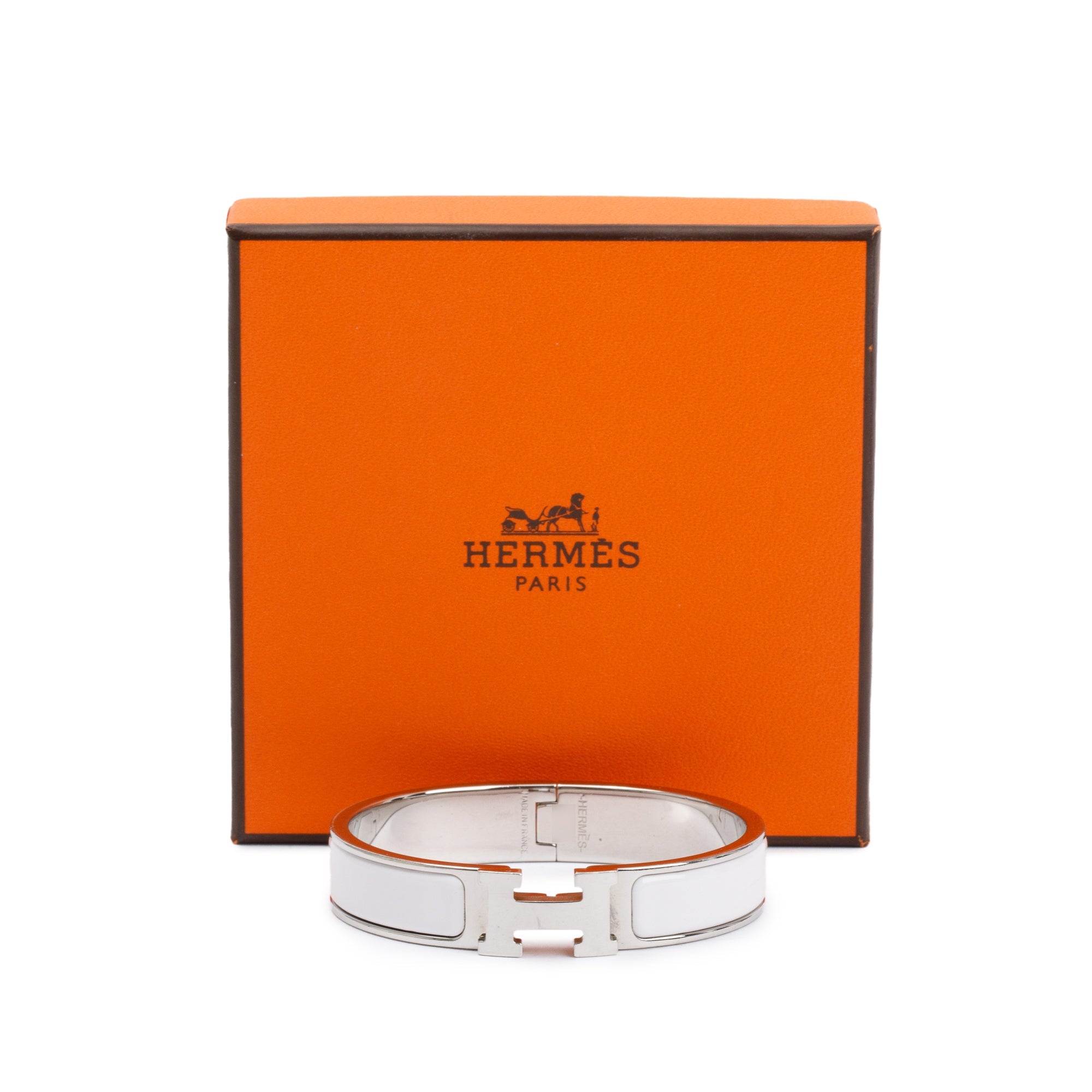 Hermes Palladium Plated White Enamel 12 MM Clic H Bracelet w/ Box