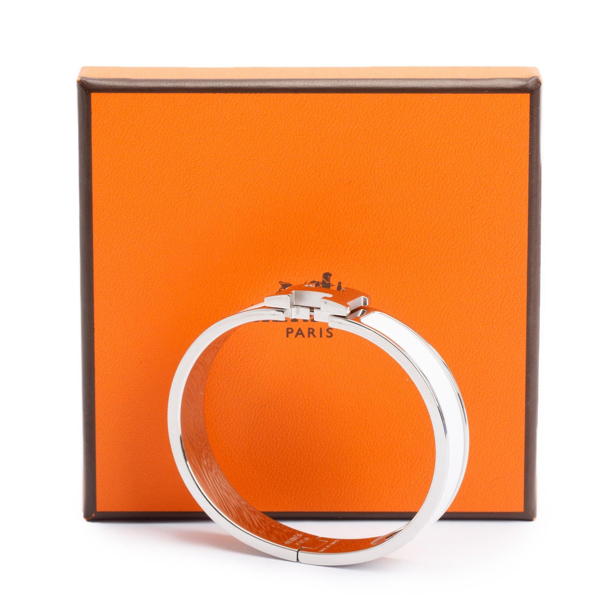 Hermes Palladium Plated White Enamel 12 MM Clic H Bracelet w/ Box