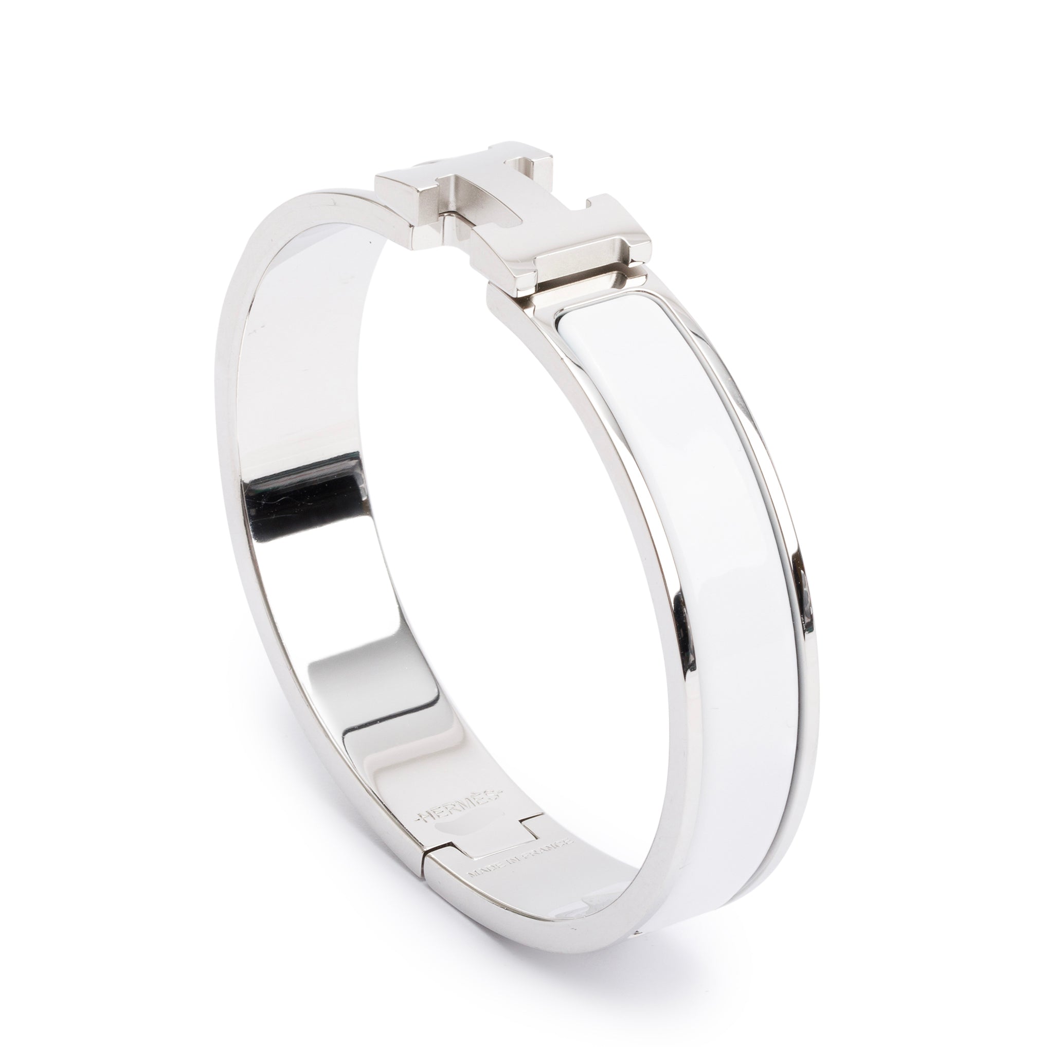 Hermes Palladium Plated White Enamel 12 MM Clic H Bracelet w/ Box
