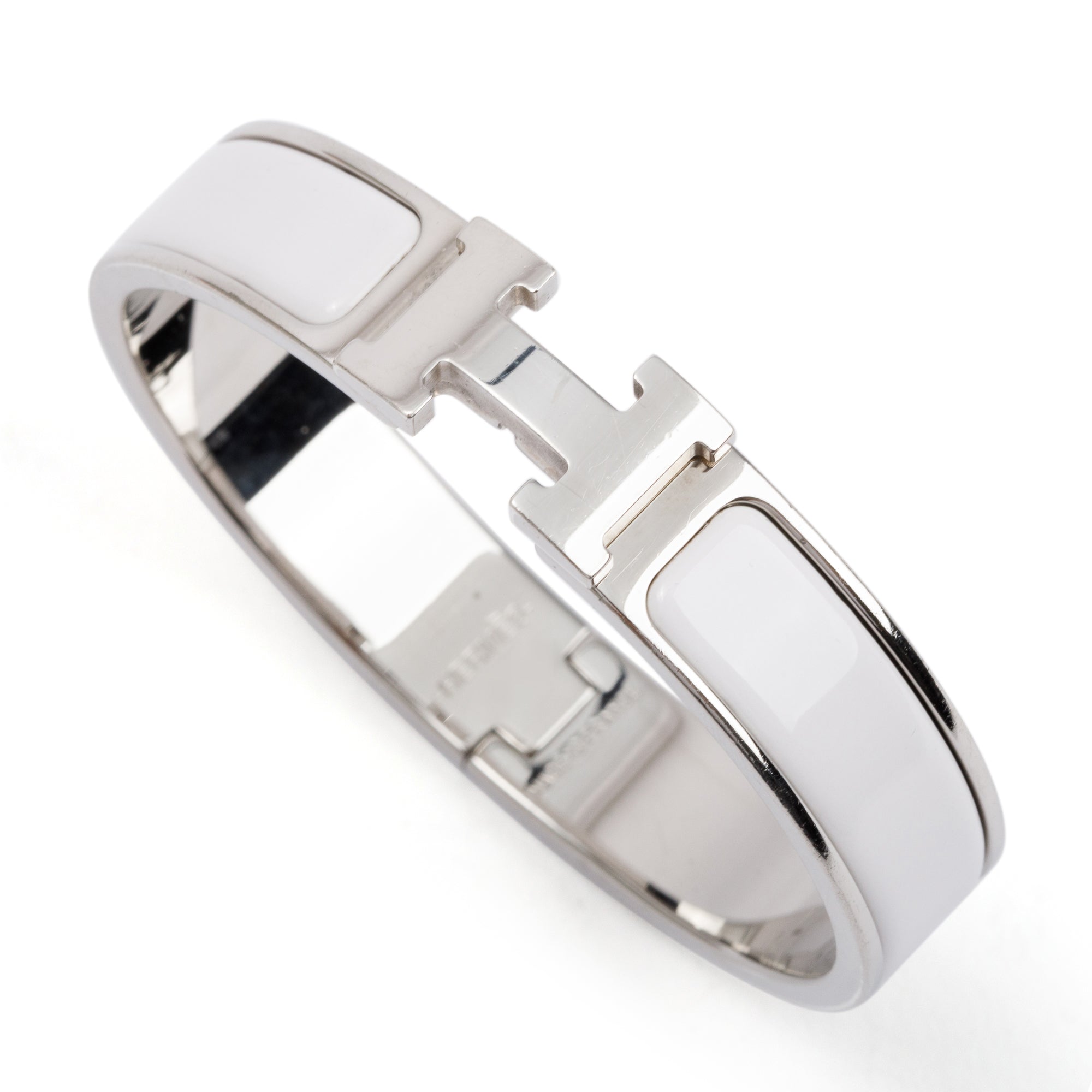Hermes Palladium Plated White Enamel 12 MM Clic H Bracelet w/ Box