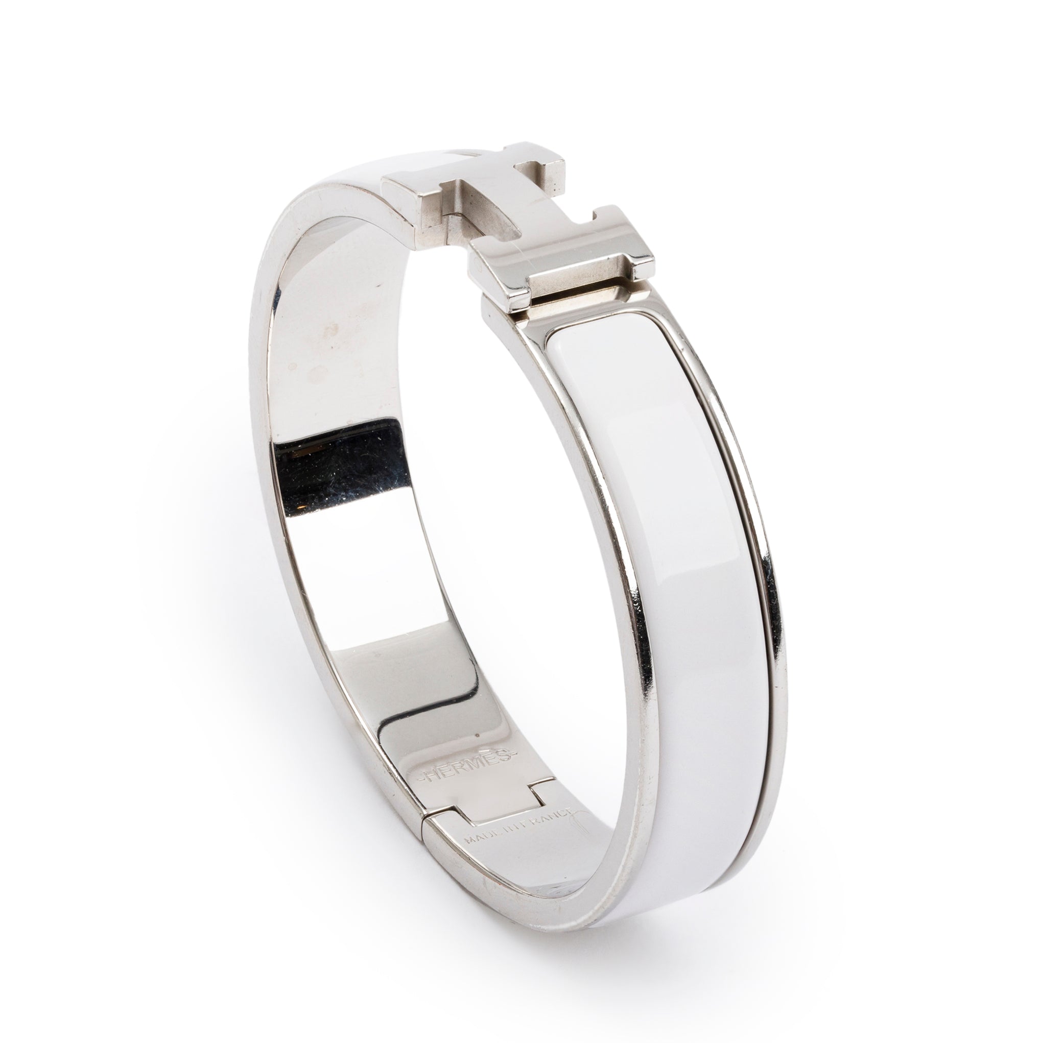 Hermes Palladium Plated White Enamel 12 MM Clic H Bracelet w/ Box