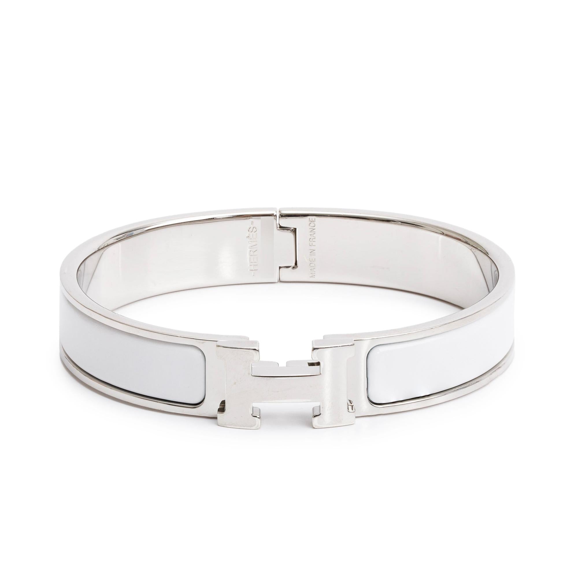 Hermes Palladium Plated White Enamel 12 MM Clic H Bracelet w/ Box