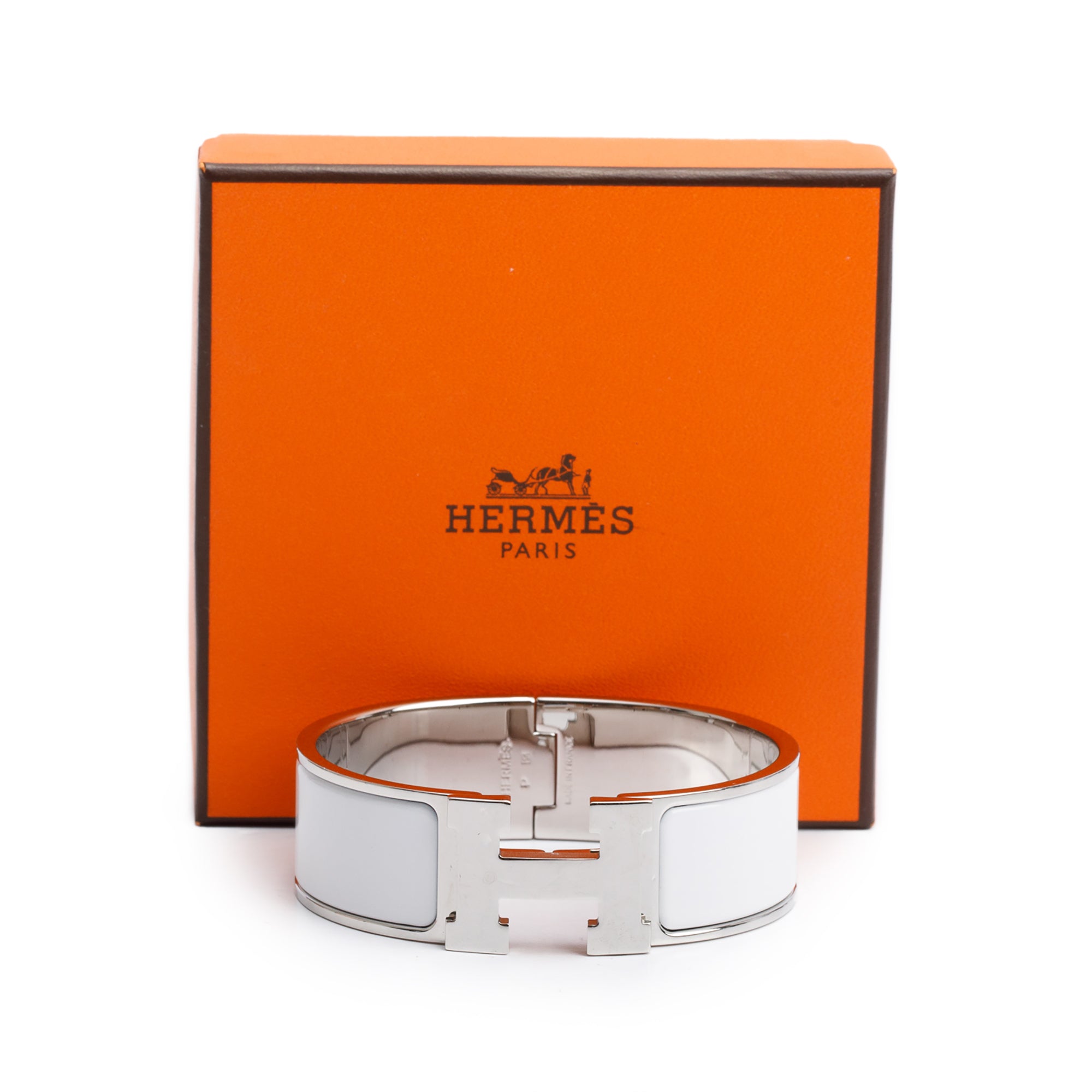 Hermes Palladium-Plated White Enamel Clic Clac H Bracelet w/ Box