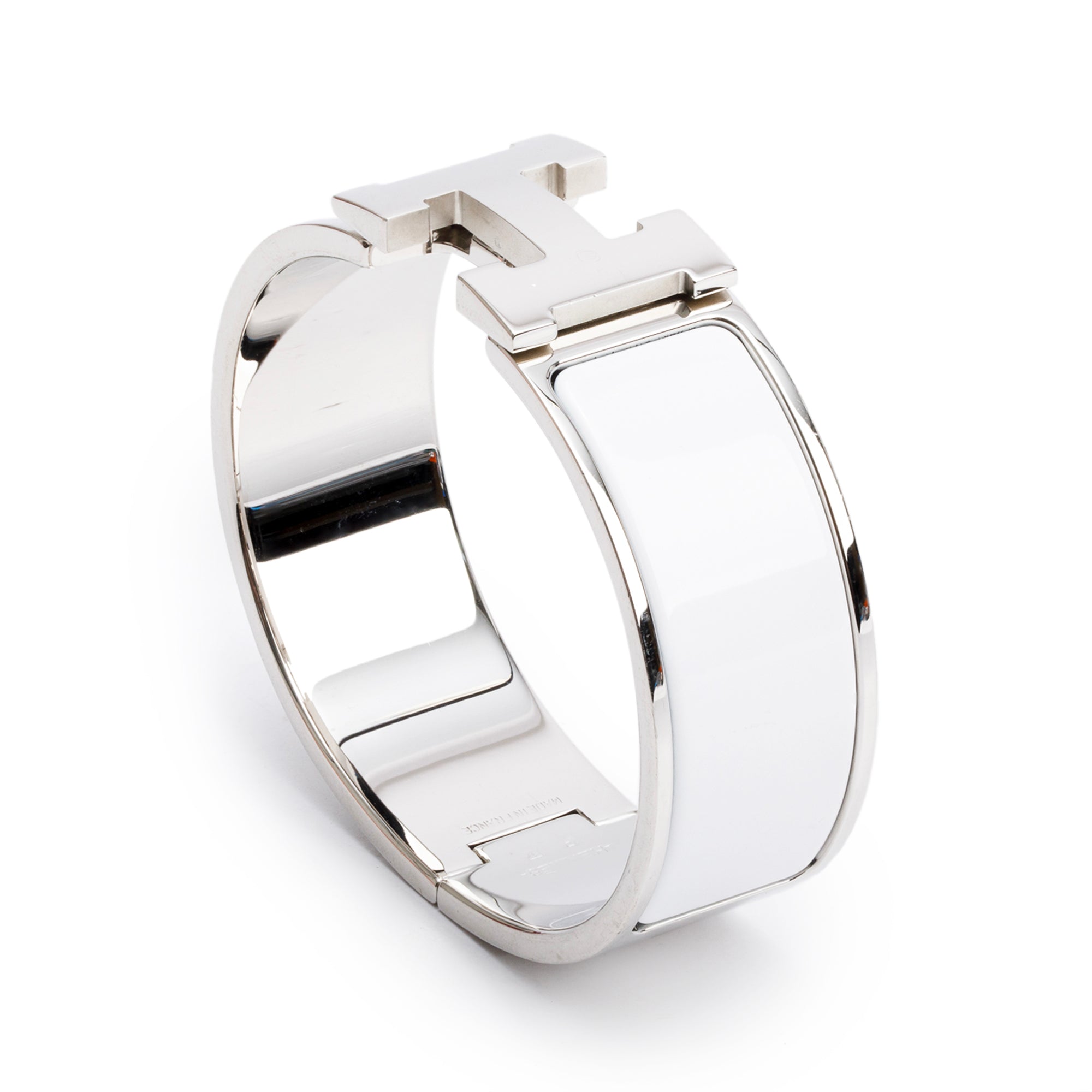 Hermes Palladium-Plated White Enamel Clic Clac H Bracelet w/ Box