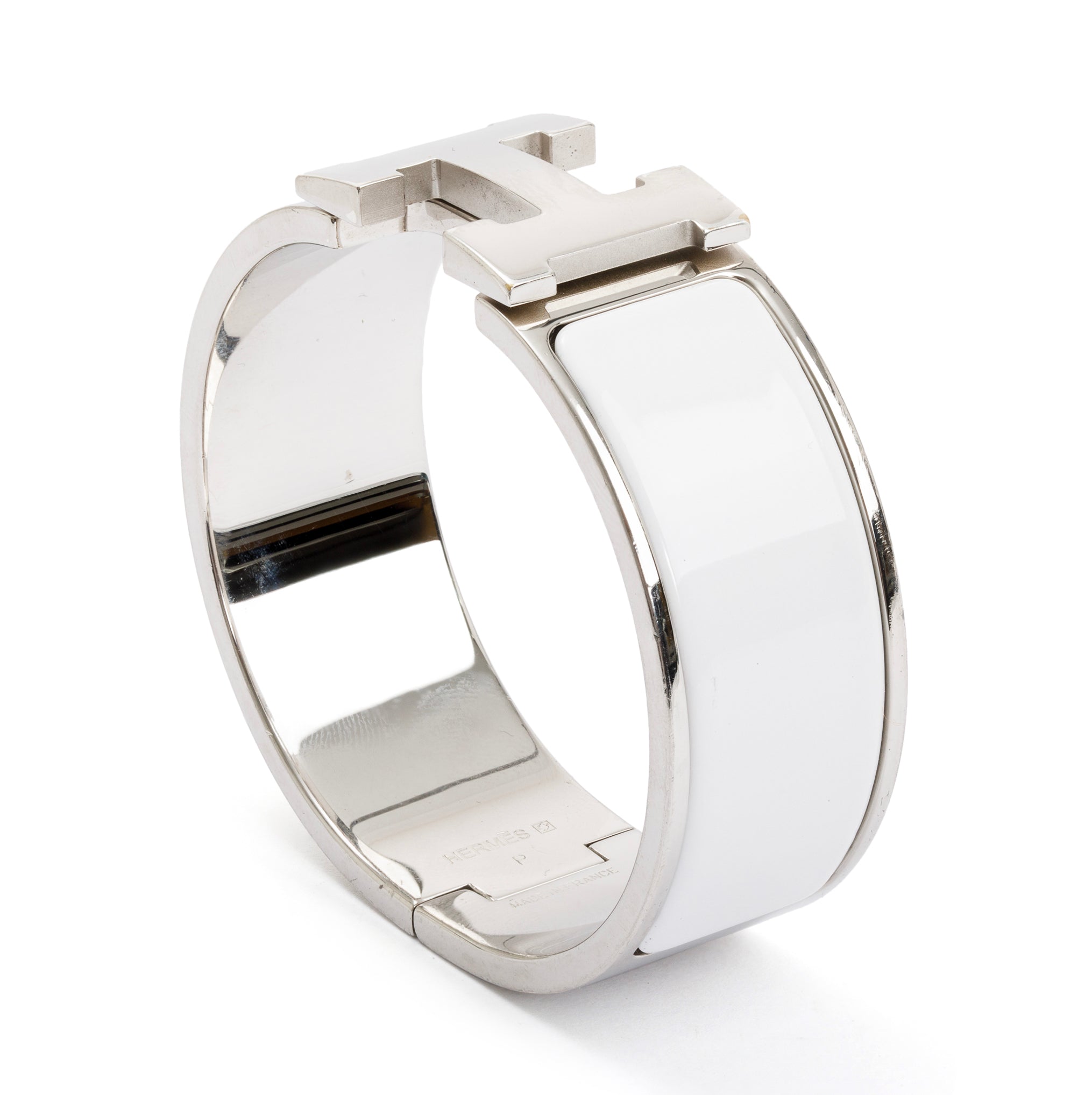 Hermes Palladium-Plated White Enamel Clic Clac H Bracelet w/ Box