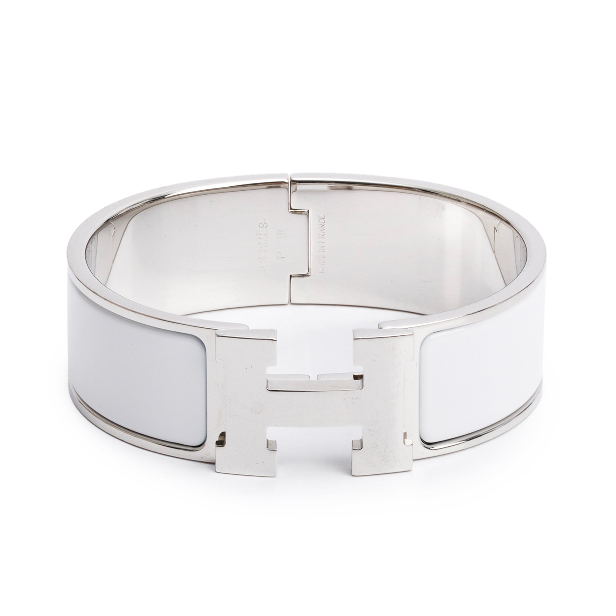 Hermes Palladium-Plated White Enamel Clic Clac H Bracelet w/ Box