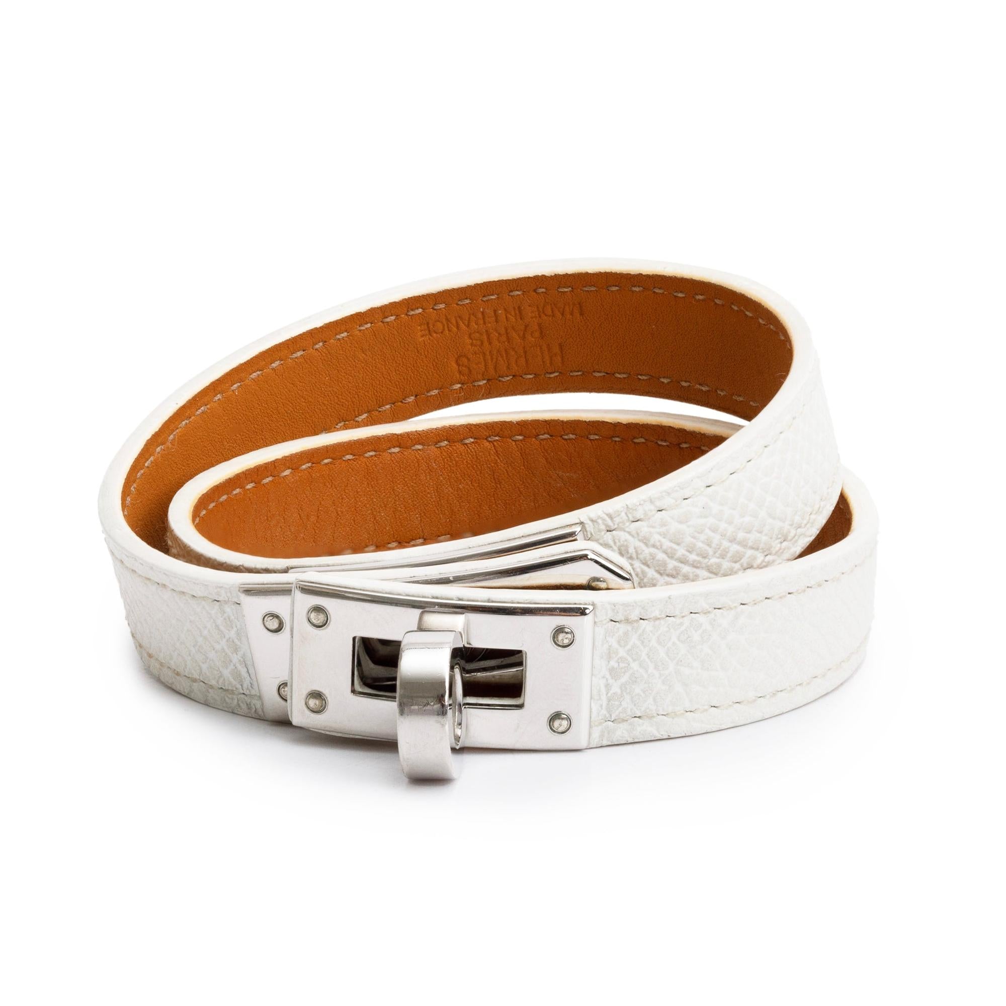 Hermes Palladium Plated White Epsom Leather Kelly Double Tour Bracelet, Size M w/ Box